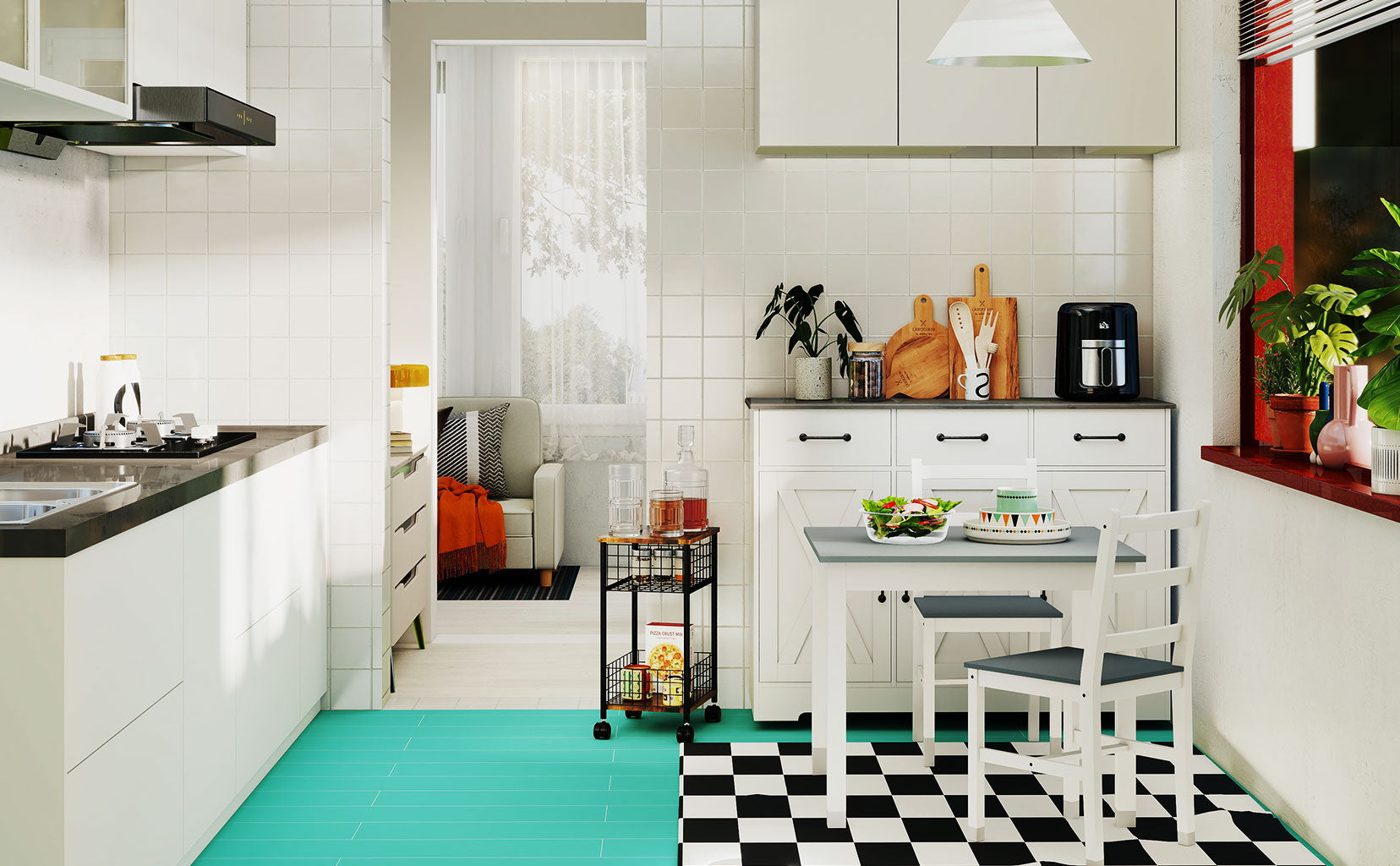 Modern kitchen with white cabinets, black and white checkered floor, and a dining area.
