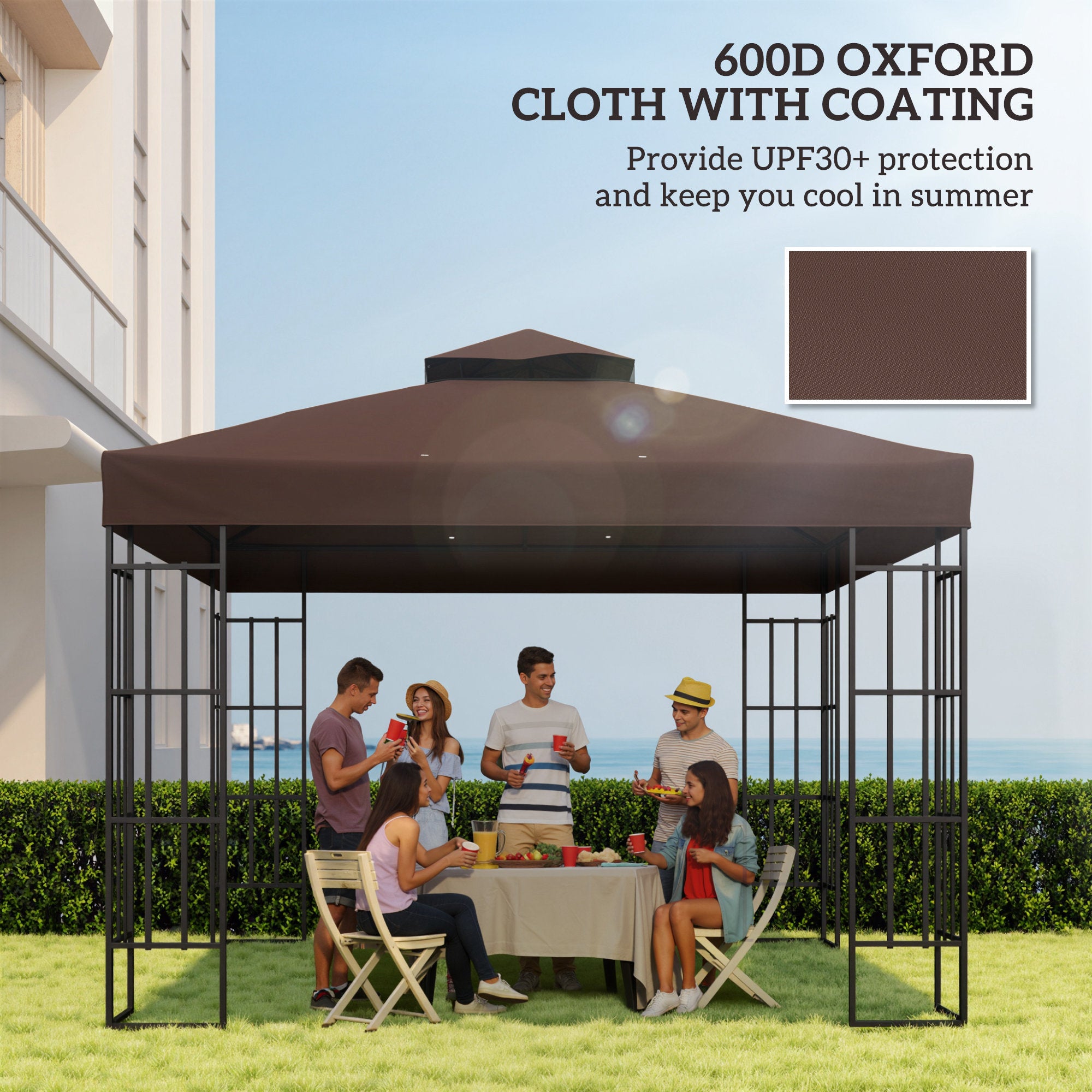 10 x 10 ft 2-Tier Replacement Gazebo Canopy – Oxford Fabric 370 g/m² (≈11 oz/yd²), UPF30+, Drainage Vents, Coffee