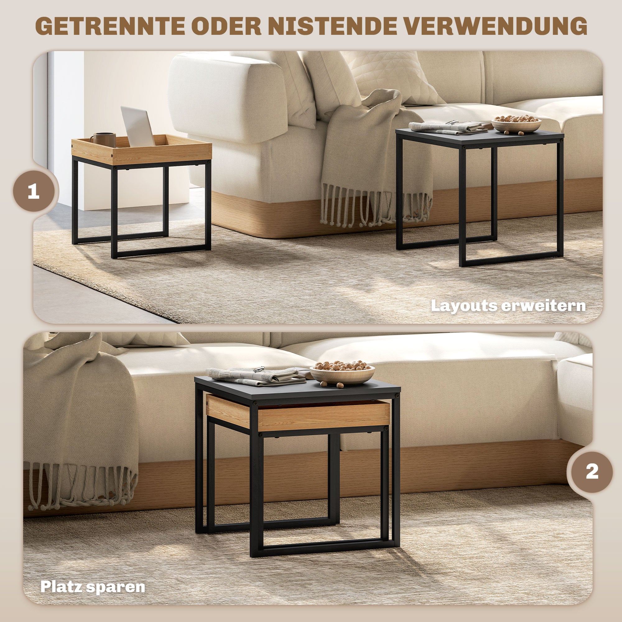 2-Piece Coffee Table Set, Square Side Table, Coffee Table with Steel Frame, Coffee Table in Modern Design, for Living Room, Up to 30 kg Load Capacity, Black+Eiche