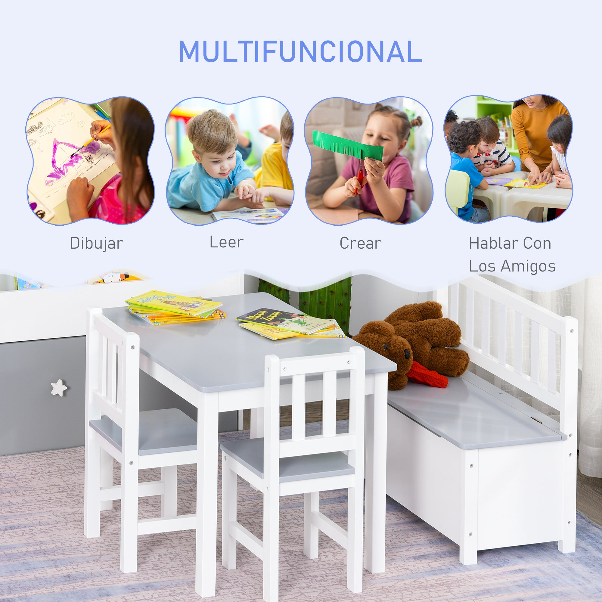 Children's Table and Chairs Set of 4 Pieces Children's Table with 2 Chairs and Storage Bench Furniture Set for Kids Ages 3+ for Bedroom Playroom Gray and White