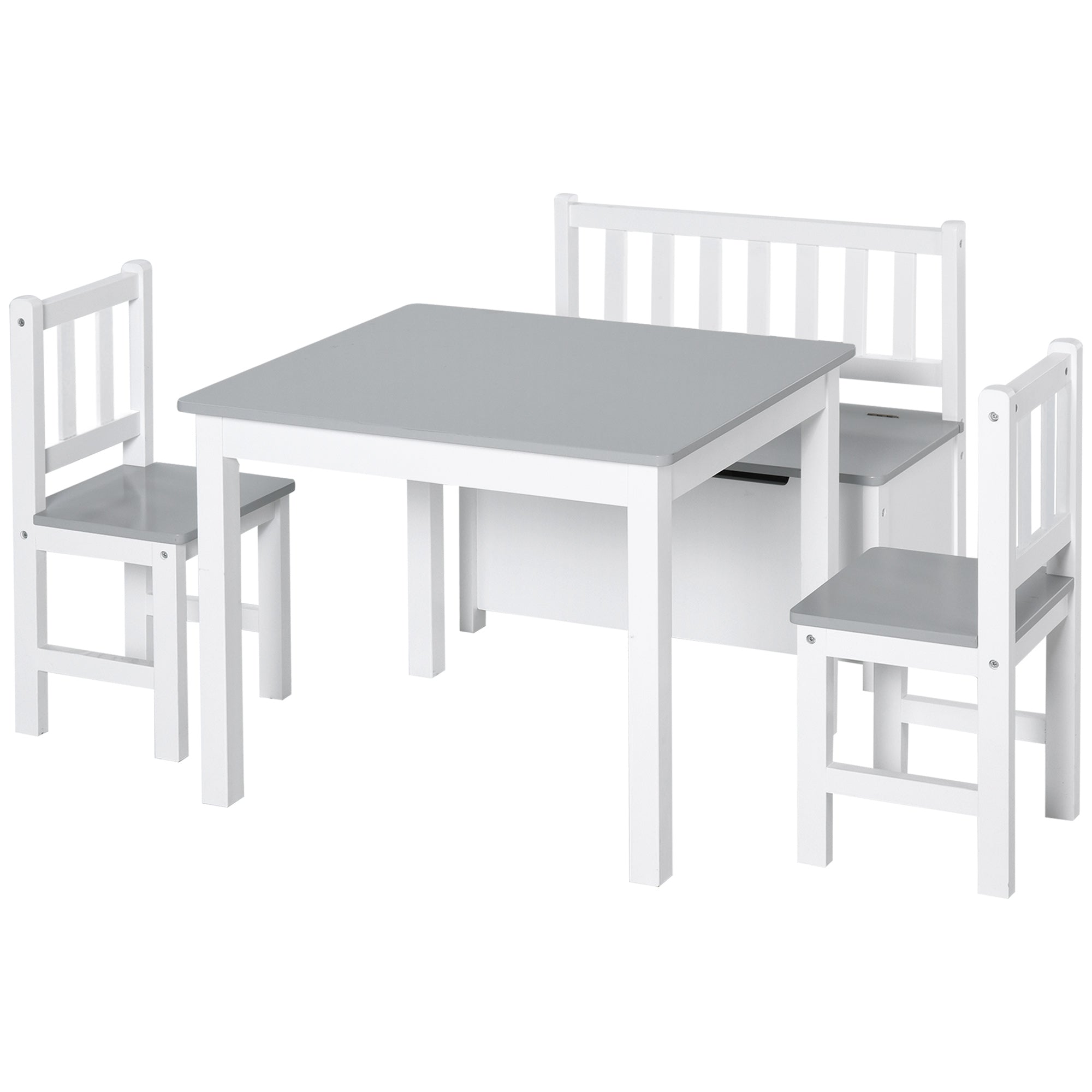 Children's Table and Chairs Set of 4 Pieces Children's Table with 2 Chairs and Storage Bench Furniture Set for Kids Ages 3+ for Bedroom Playroom Gray and White