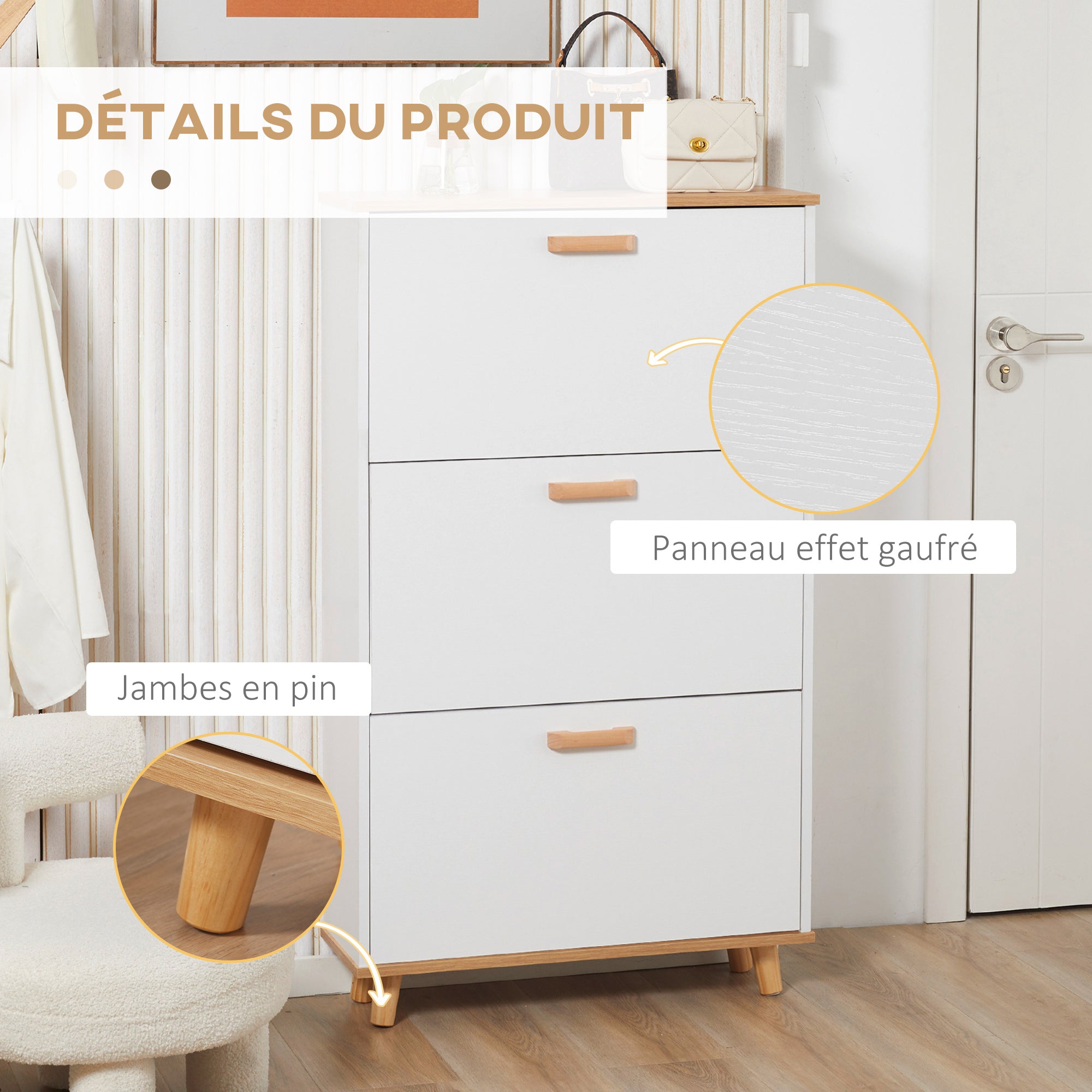 Scandinavian Style Shoe Cabinet Shoe Rack with 3 Flip-Down Doors Wood Grain Look - 70 x 23.5 x 122 cm - White