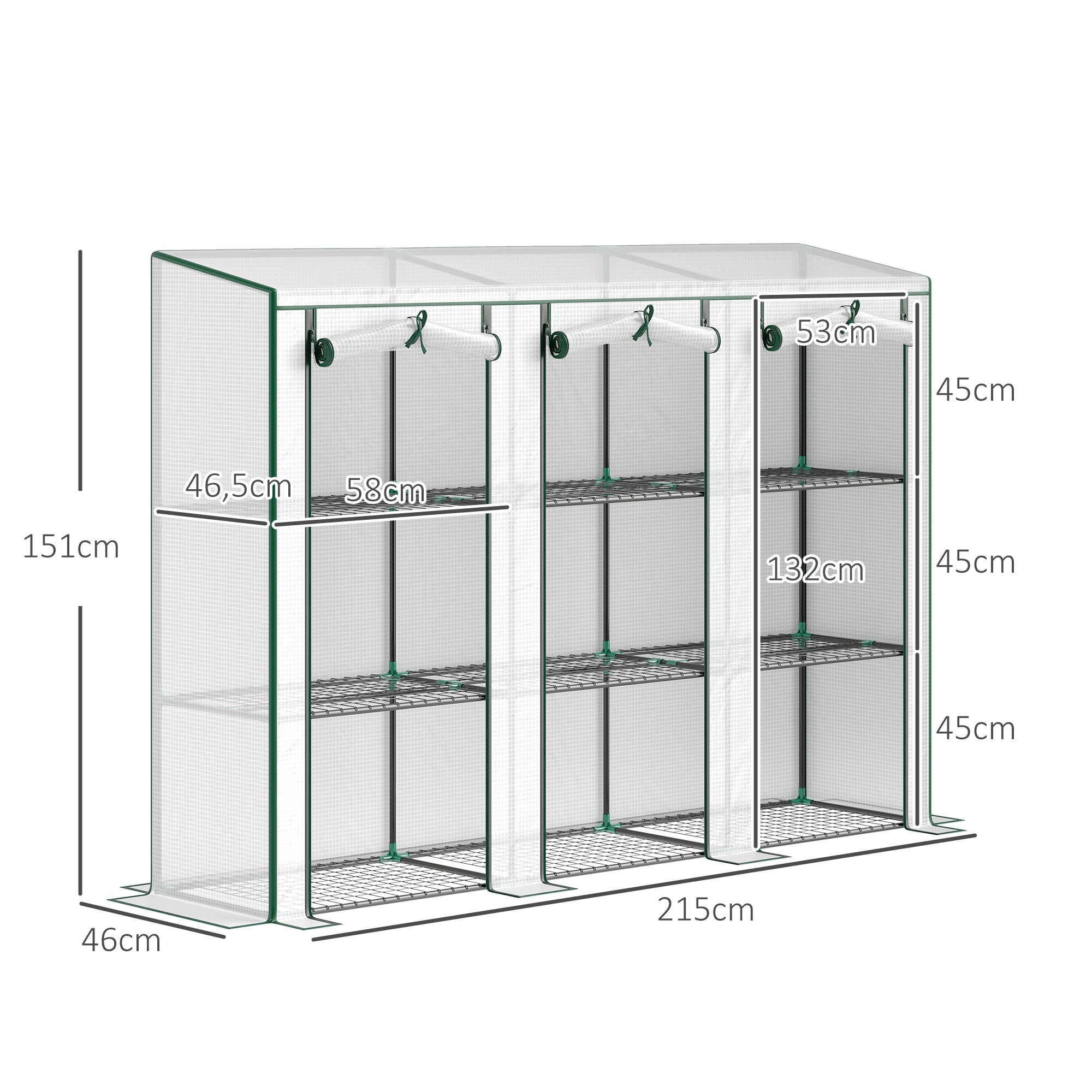 3-Tier PVC Garden Greenhouse with Steel Frame, 2 Roll-Up Zip Doors — 215 x 46 x 151 cm (84.6" x 18.1" x 59.4"), White