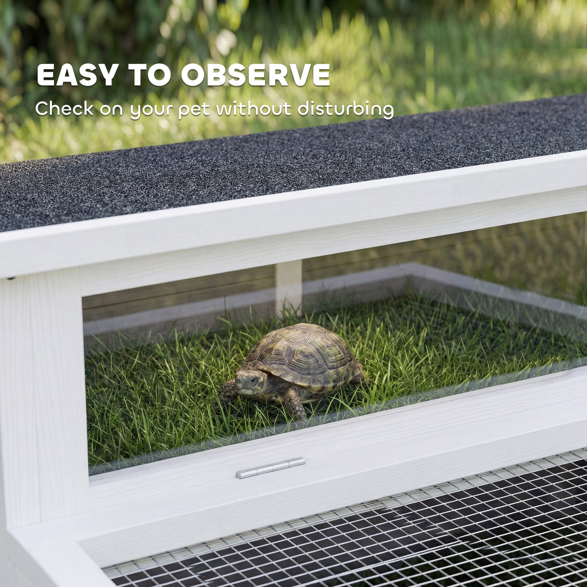 Turtle Habitat with Run — Wooden Enclosure with Clear Window, Top Opening and Multiple Doors, Garden House for Turtle or Rabbit, Dark Gray
