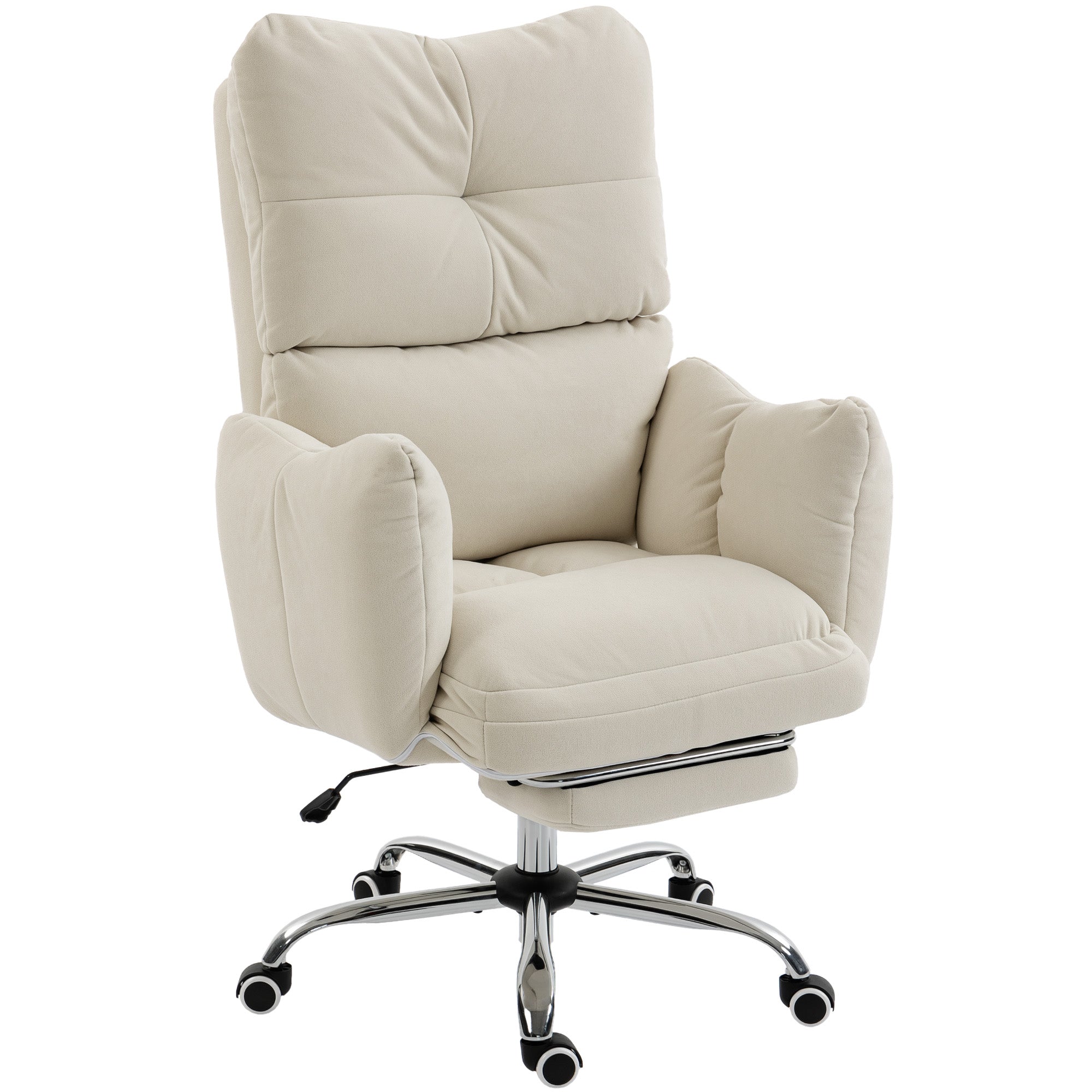 Ergonomic Office Chair with Footrest — Snow-White Flannel, Thick Padding, High Back, Height Adjustable, Cream White