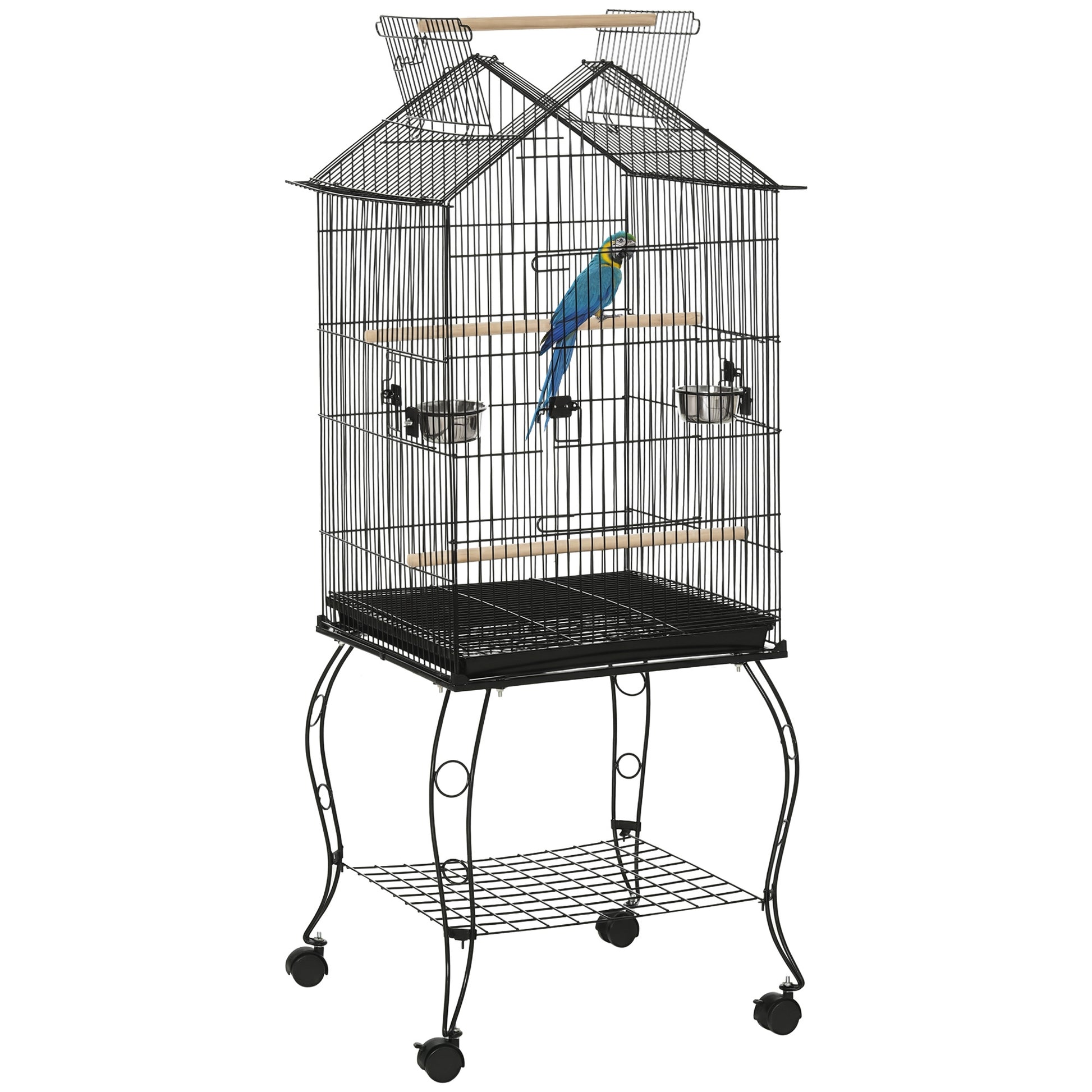 Bird Cage 50x58x145 cm Metal Birdhouse with 3 Doors 2 Feeders 3 Perches Removable Tray Open Shelf and 4 Wheels for Canaries Parakeets Black