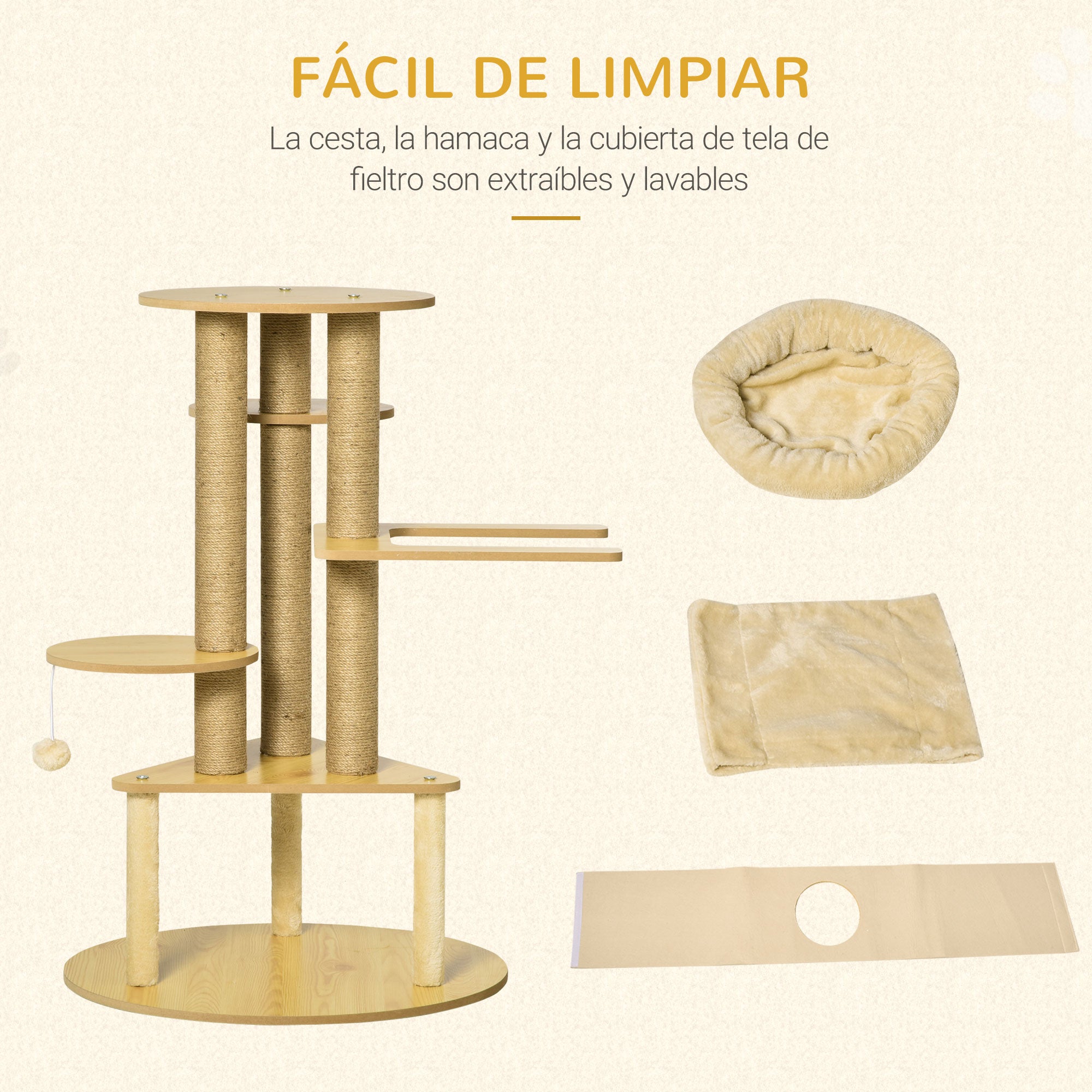 Cat Scratching Tree Ø60x99 cm with Removable Triangular Felt Cave Hammock Washable Bed Sisal Scratching Posts Platforms and Hanging Ball Beige and Natural