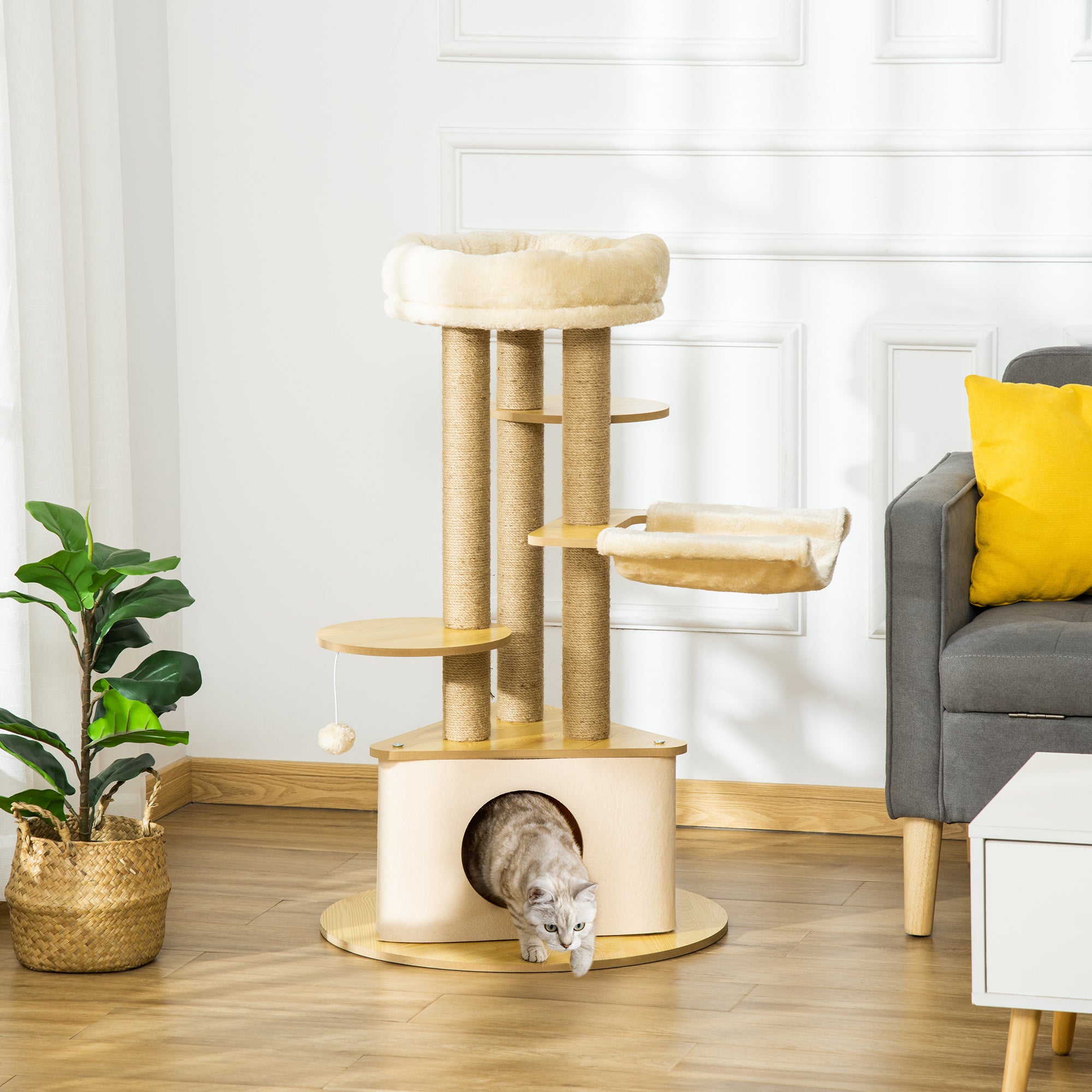 Cat Scratching Tree Ø60x99 cm with Removable Triangular Felt Cave Hammock Washable Bed Sisal Scratching Posts Platforms and Hanging Ball Beige and Natural
