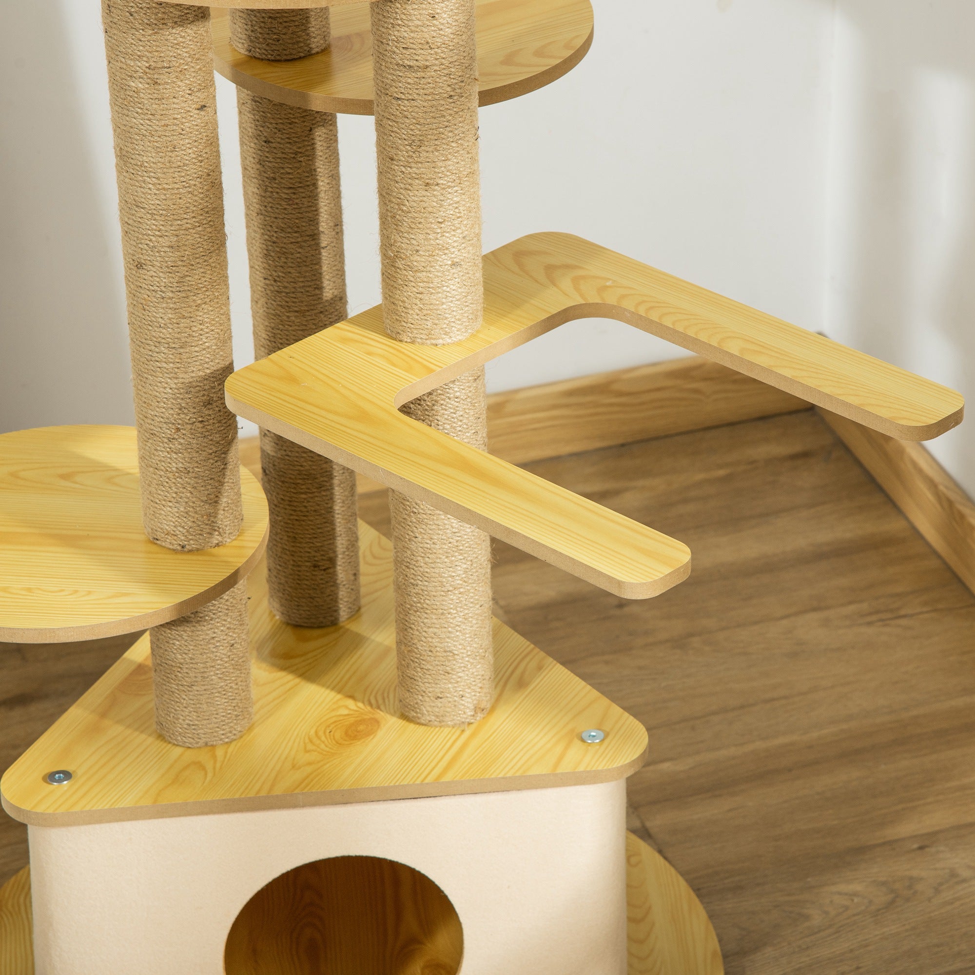 Cat Scratching Tree Ø60x99 cm with Removable Triangular Felt Cave Hammock Washable Bed Sisal Scratching Posts Platforms and Hanging Ball Beige and Natural