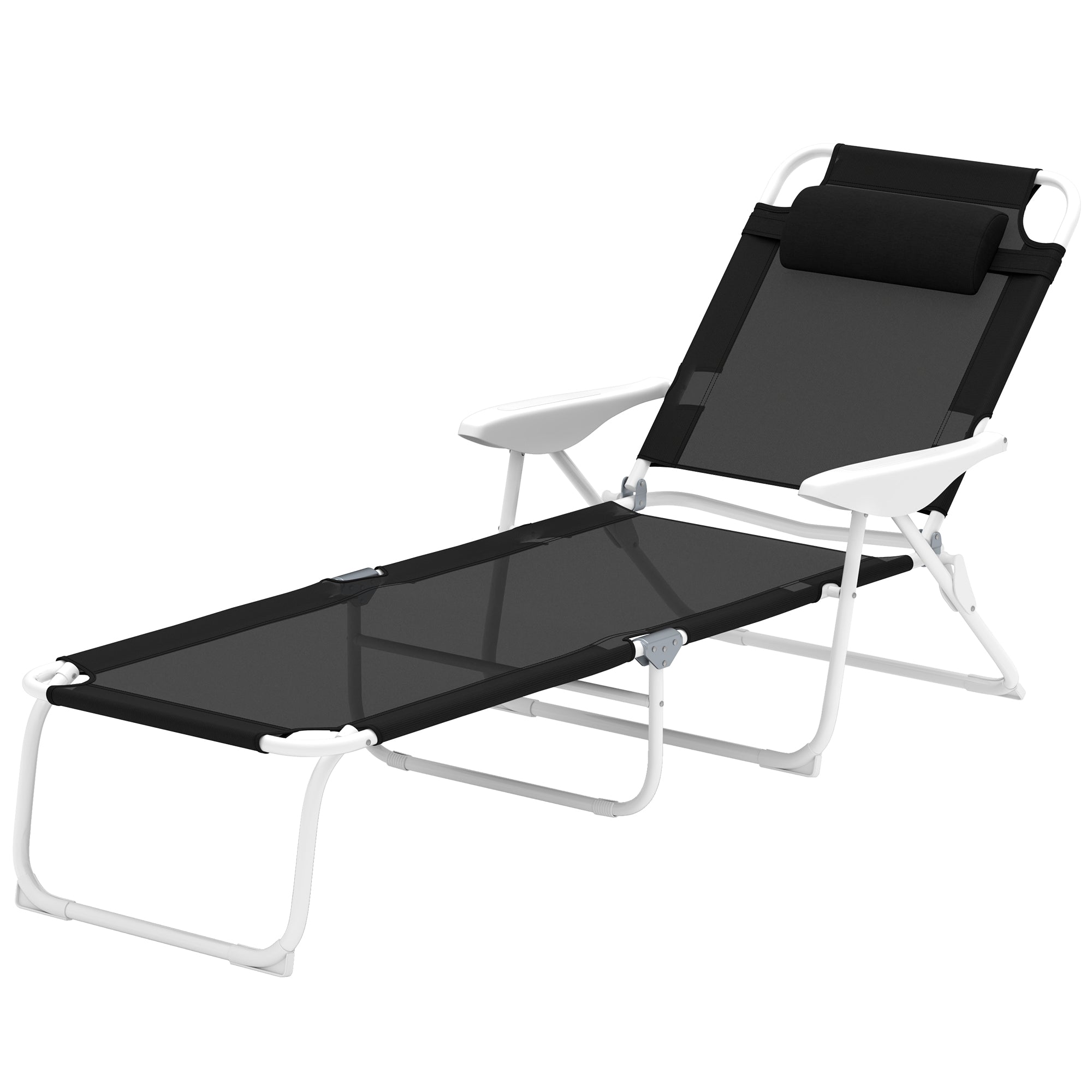 Folding Sun Lounger with Pillow — 4-Position Adjustable Backrest, Weather-Resistant Camping & Garden Chair, Supports up to 265 lb, Black