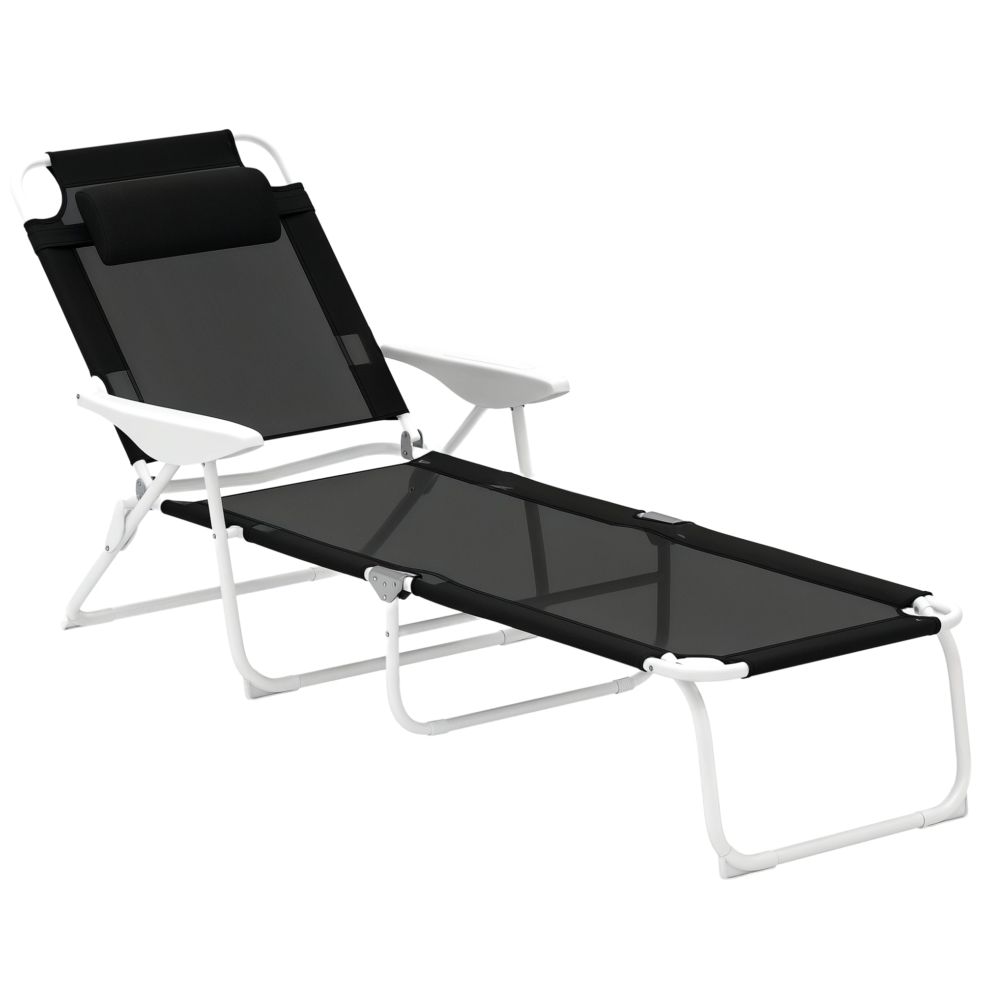 Folding Sun Lounger with Pillow — 4-Position Adjustable Backrest, Weather-Resistant Camping & Garden Chair, Supports up to 265 lb, Black
