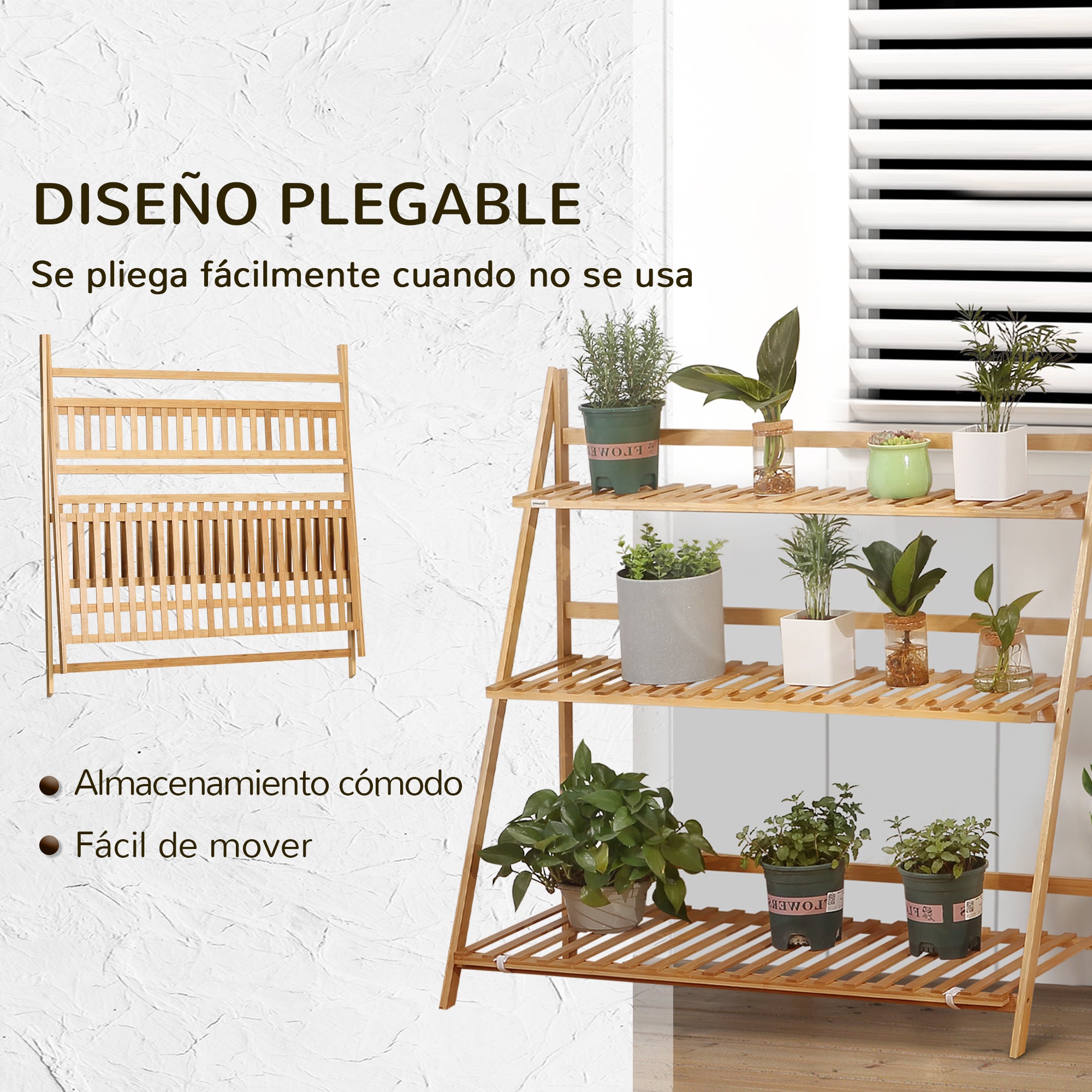3-Tier Bamboo Plant Stand Flower Rack Folding Plant Shelf for Indoor and Outdoor Use 98x37x96.5 cm Natural