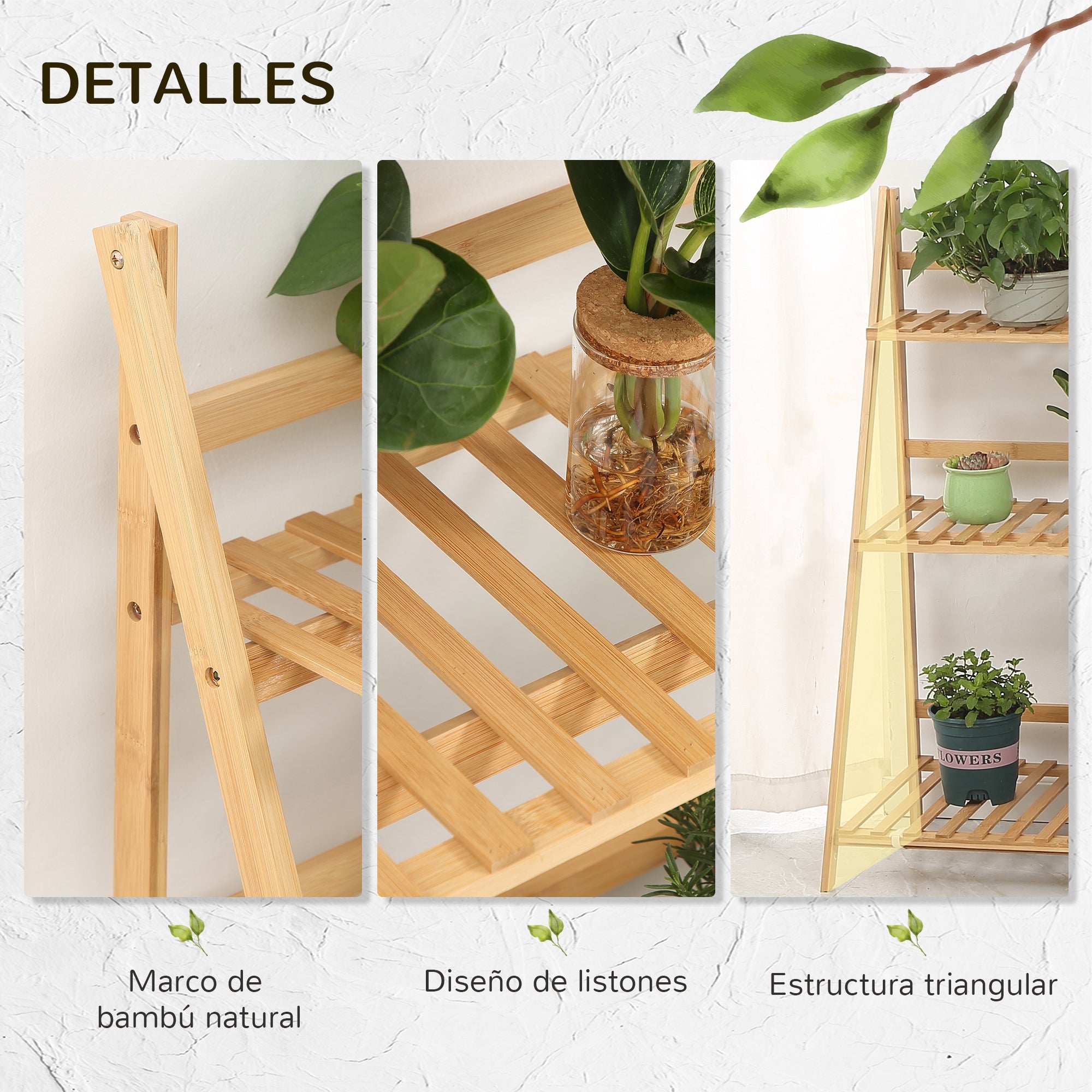 3-Tier Bamboo Plant Stand Flower Rack Folding Plant Shelf for Indoor and Outdoor Use 98x37x96.5 cm Natural