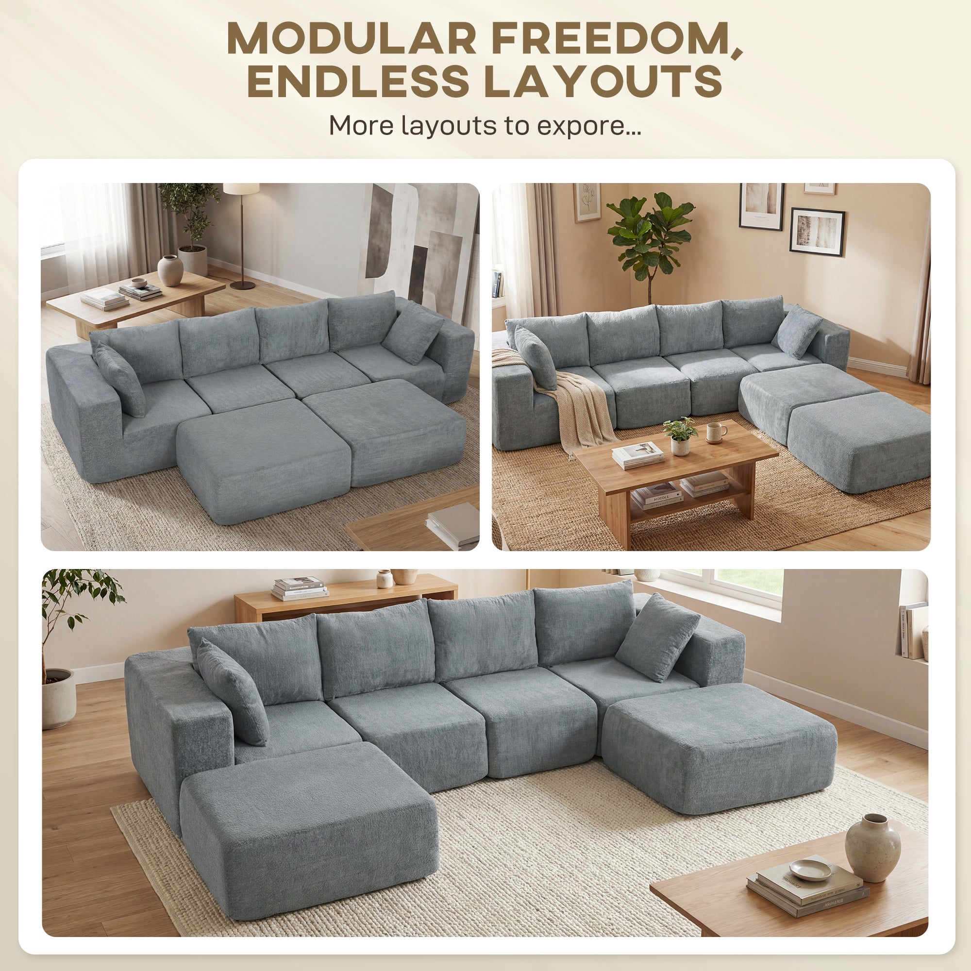 Corner Sectional Sofa with Sleeper Function, U-Shape 294 cm (115.7 in) — Deep Wide Seats, 4‑Seat Cloud Sectional with Throw Pillows, Linen-Look for Living Room, Dark Gray