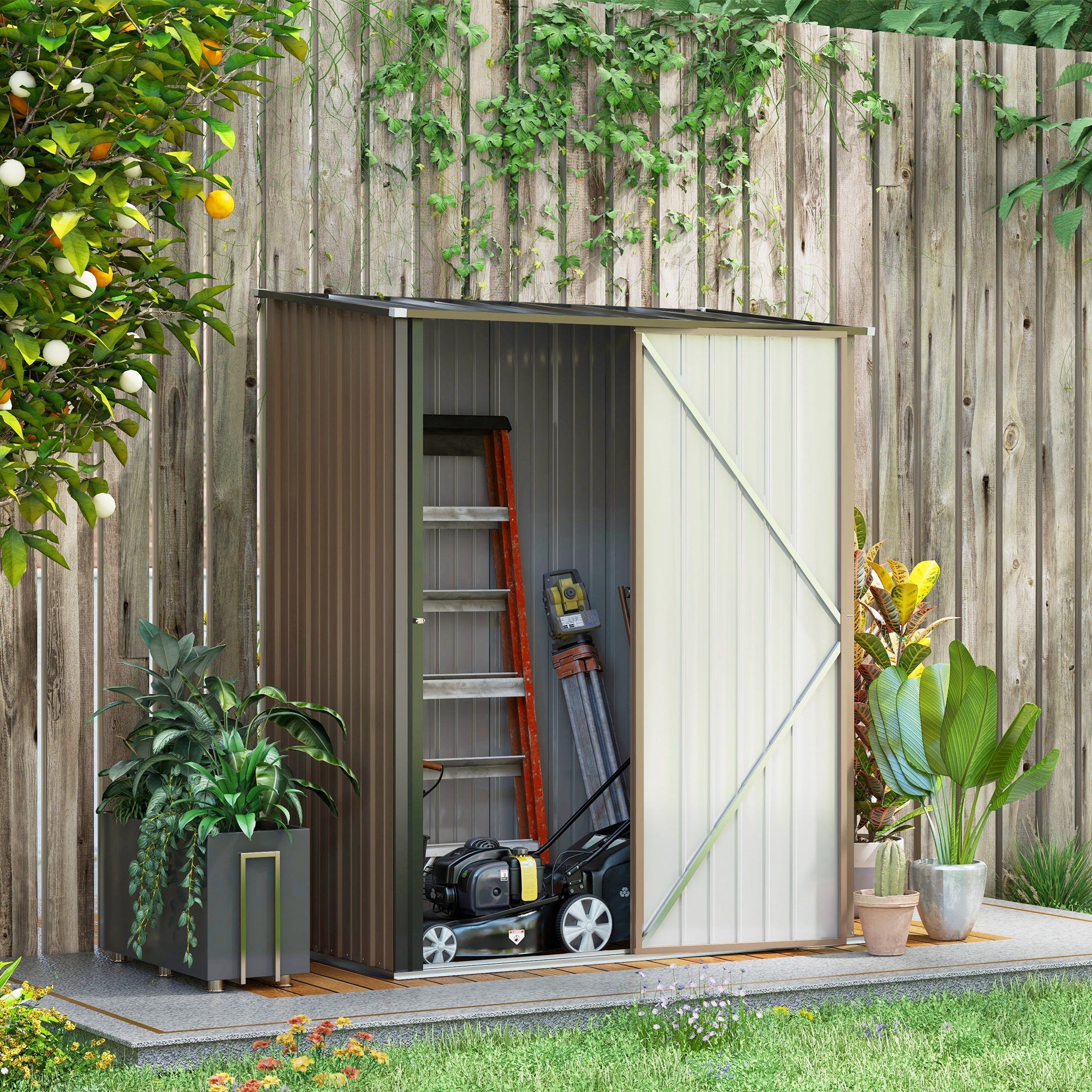 Tool Shed 1.34 m² Tool Cabinet with Pent Roof Lockable Garden Shed Tool Shed Made of Galvanized Steel 161.5 x 94.5 x 196 cm Brown