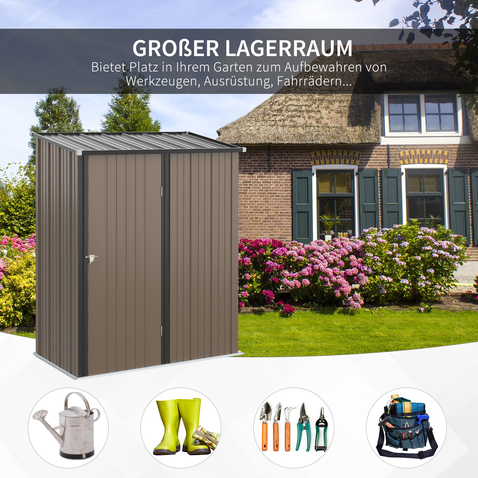 Tool Shed 1.34 m² Tool Cabinet with Pent Roof Lockable Garden Shed Tool Shed Made of Galvanized Steel 161.5 x 94.5 x 196 cm Brown