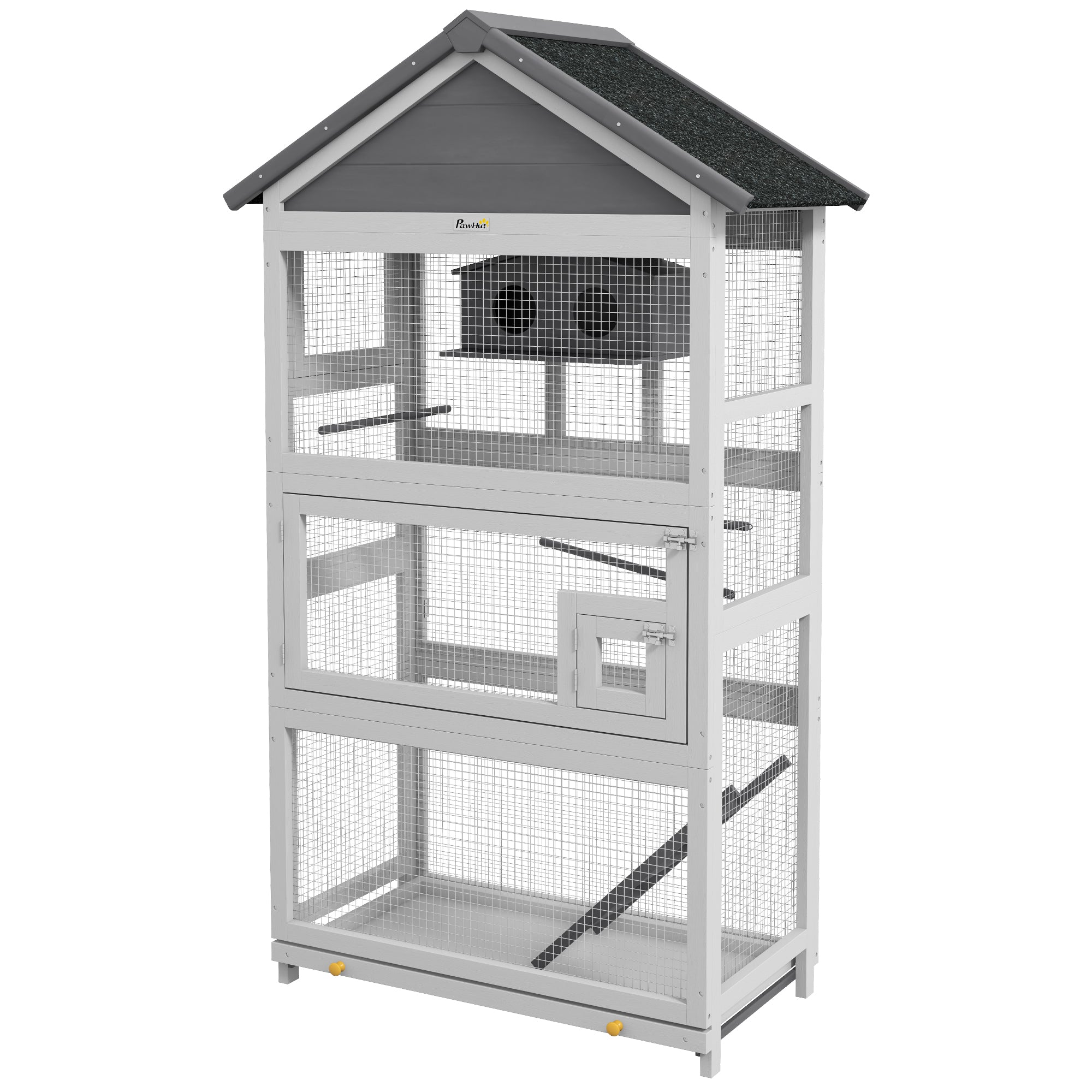 Wooden Bird Cage, Parrot Cage, Bird Aviary Outdoor Playground, Waterproof Asphalt Roof, for Budgie, Cockatiel, Conure, Canaries, 92 x 52 x 171 cm, Gray