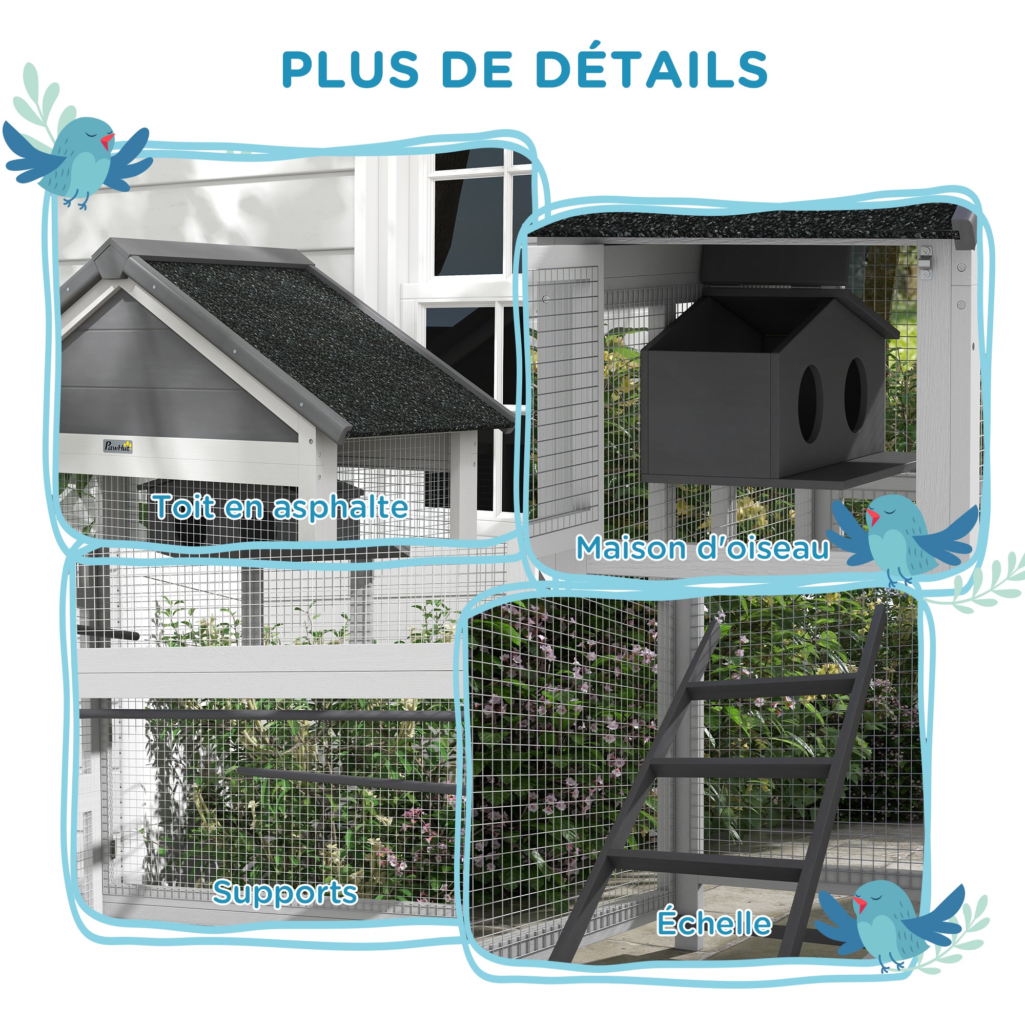 Wooden Bird Cage, Parrot Cage, Bird Aviary Outdoor Playground, Waterproof Asphalt Roof, for Budgie, Cockatiel, Conure, Canaries, 92 x 52 x 171 cm, Gray
