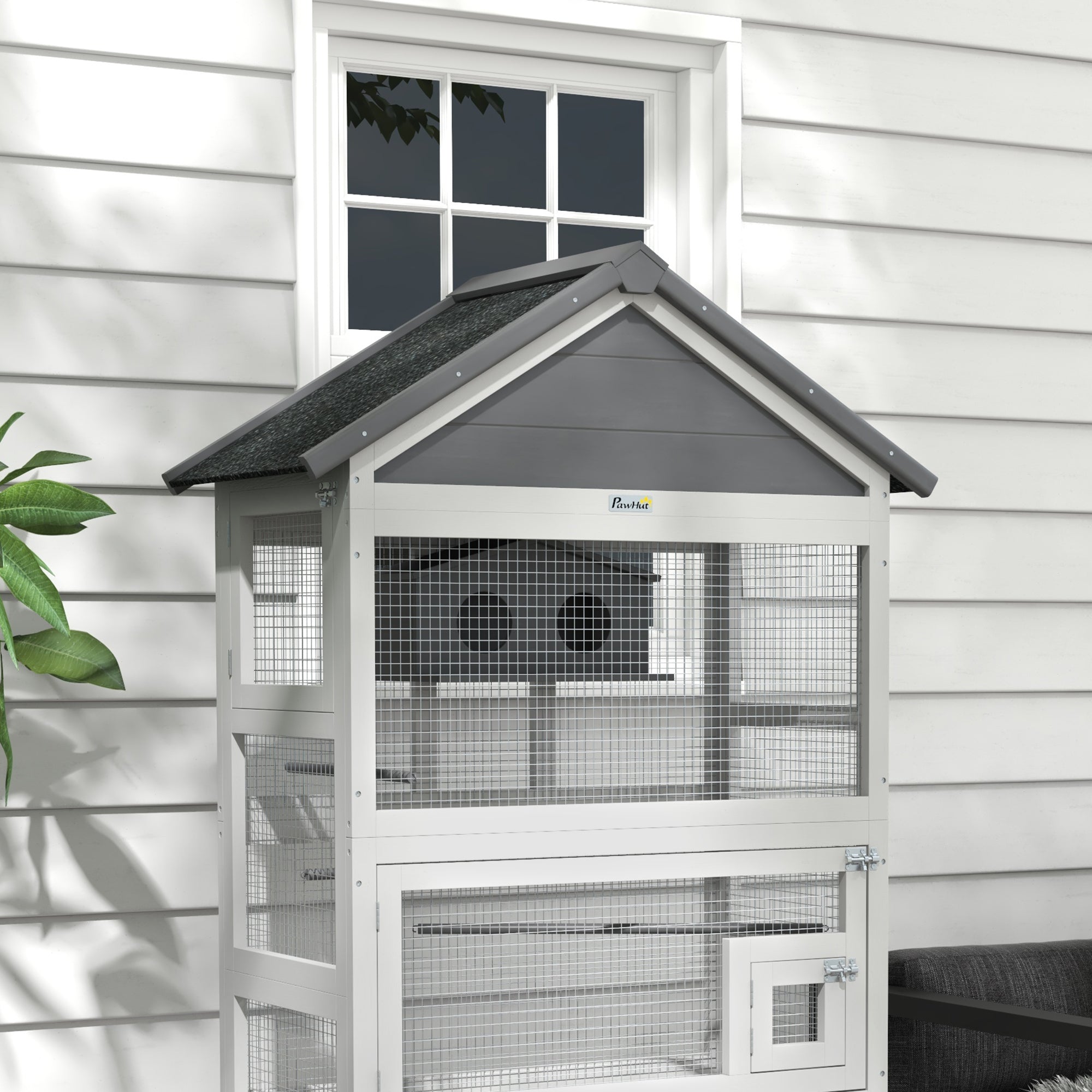Wooden Bird Cage, Parrot Cage, Bird Aviary Outdoor Playground, Waterproof Asphalt Roof, for Budgie, Cockatiel, Conure, Canaries, 92 x 52 x 171 cm, Gray