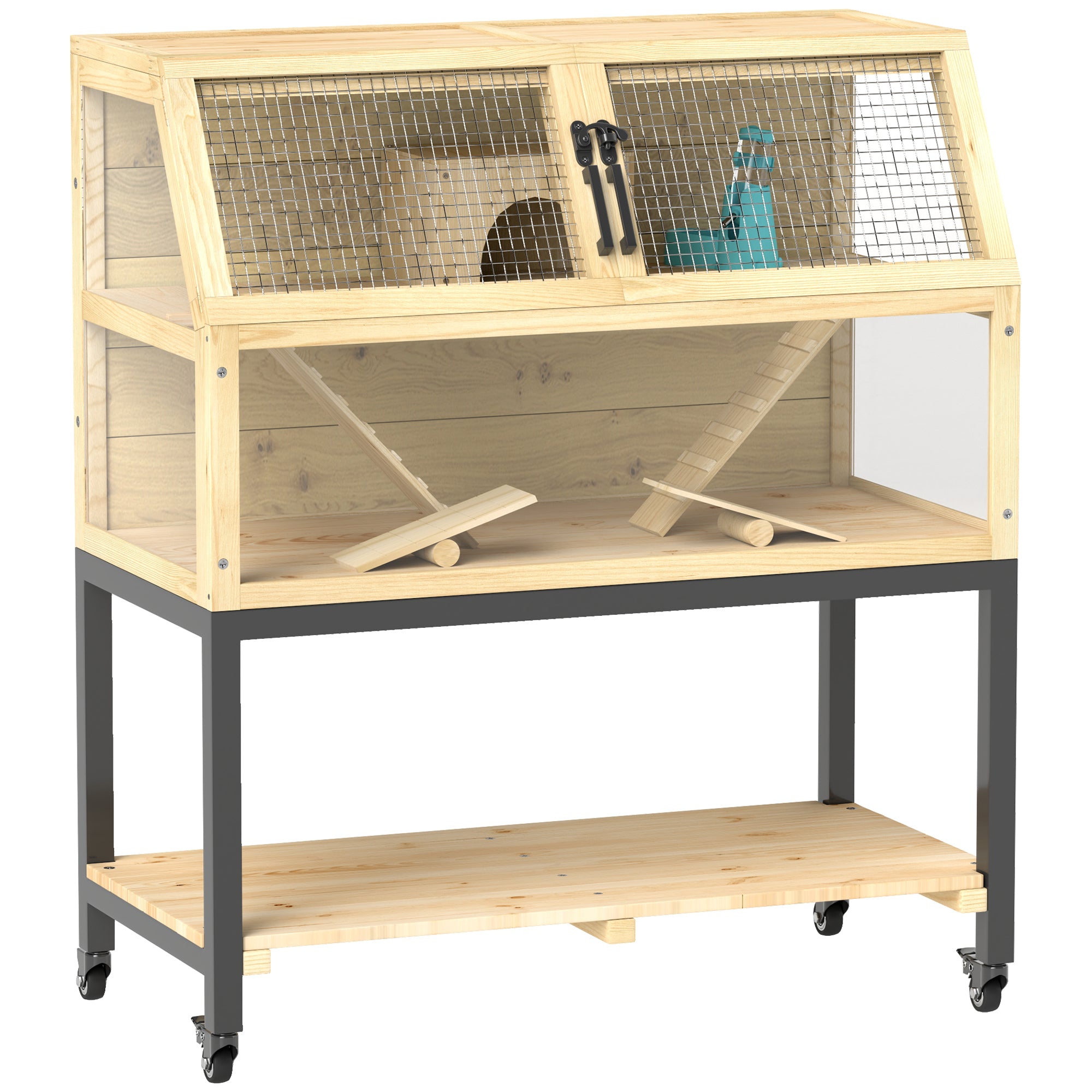 Dwarf Hamster Cage in Natural Wood, 87 x 43 x 101 cm Rodent Cage with Storage Area, Water Bottle, Hut, Seesaws, Small Animal Cage with Wheels, Ramps, Natural Wood