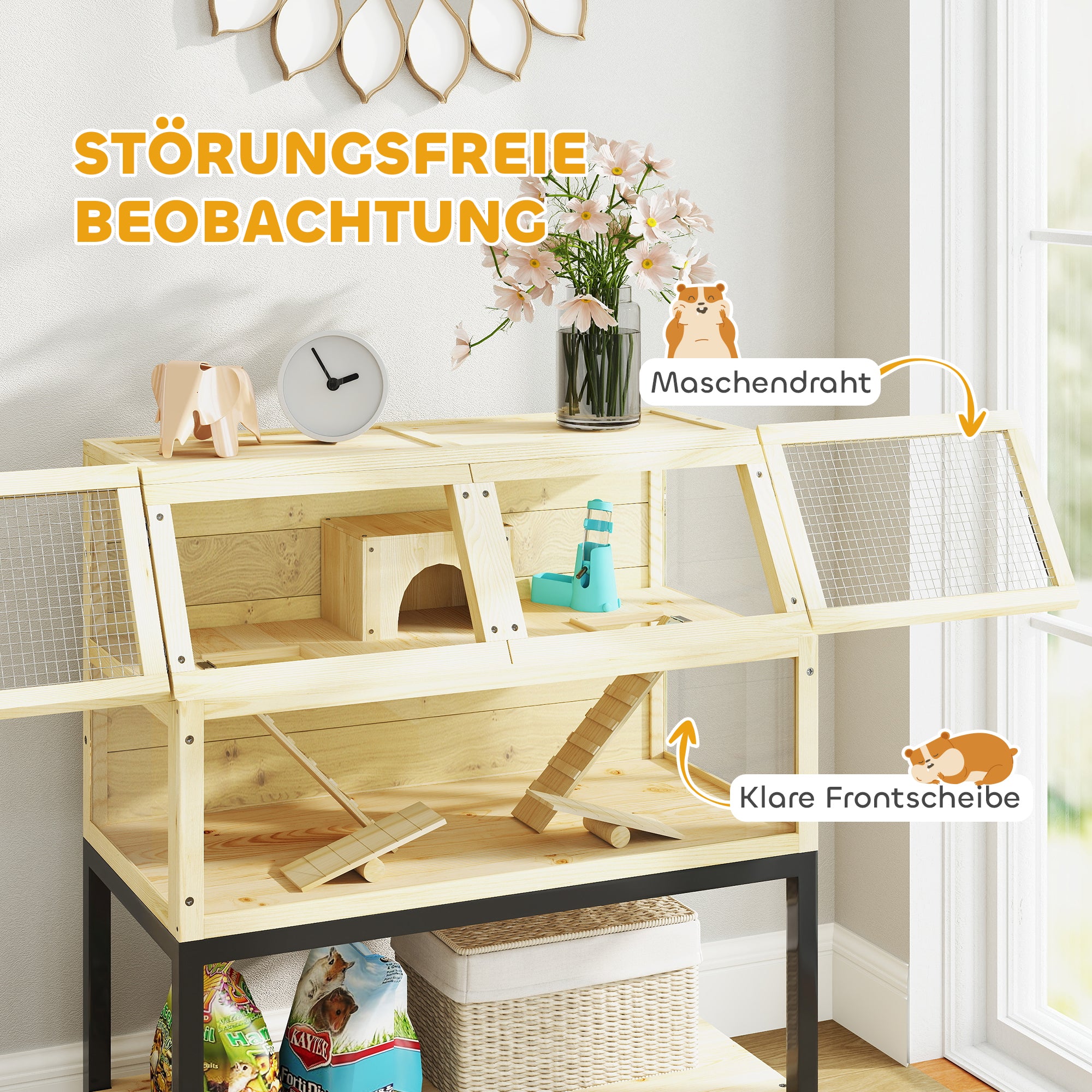 Dwarf Hamster Cage in Natural Wood, 87 x 43 x 101 cm Rodent Cage with Storage Area, Water Bottle, Hut, Seesaws, Small Animal Cage with Wheels, Ramps, Natural Wood