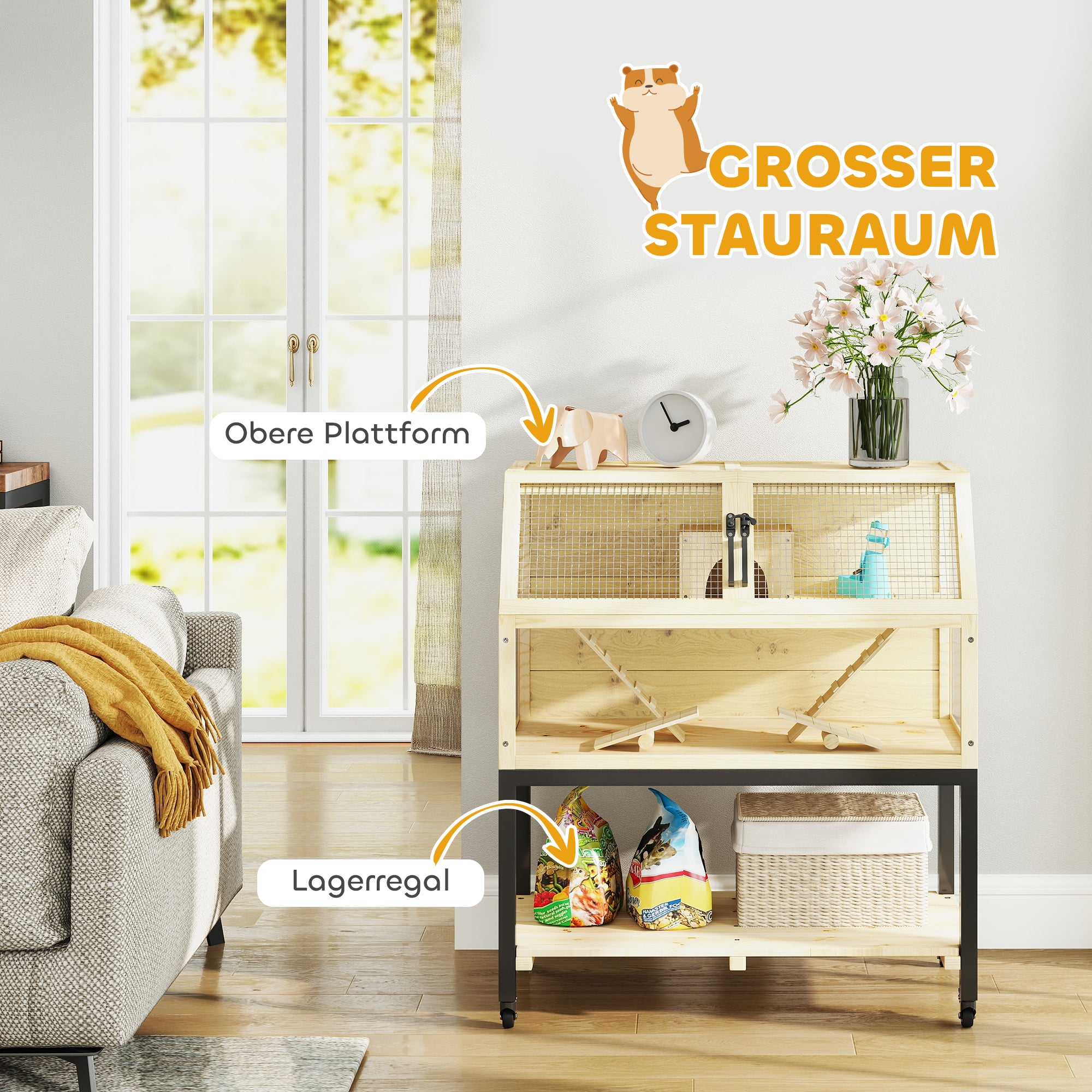 Dwarf Hamster Cage in Natural Wood, 87 x 43 x 101 cm Rodent Cage with Storage Area, Water Bottle, Hut, Seesaws, Small Animal Cage with Wheels, Ramps, Natural Wood