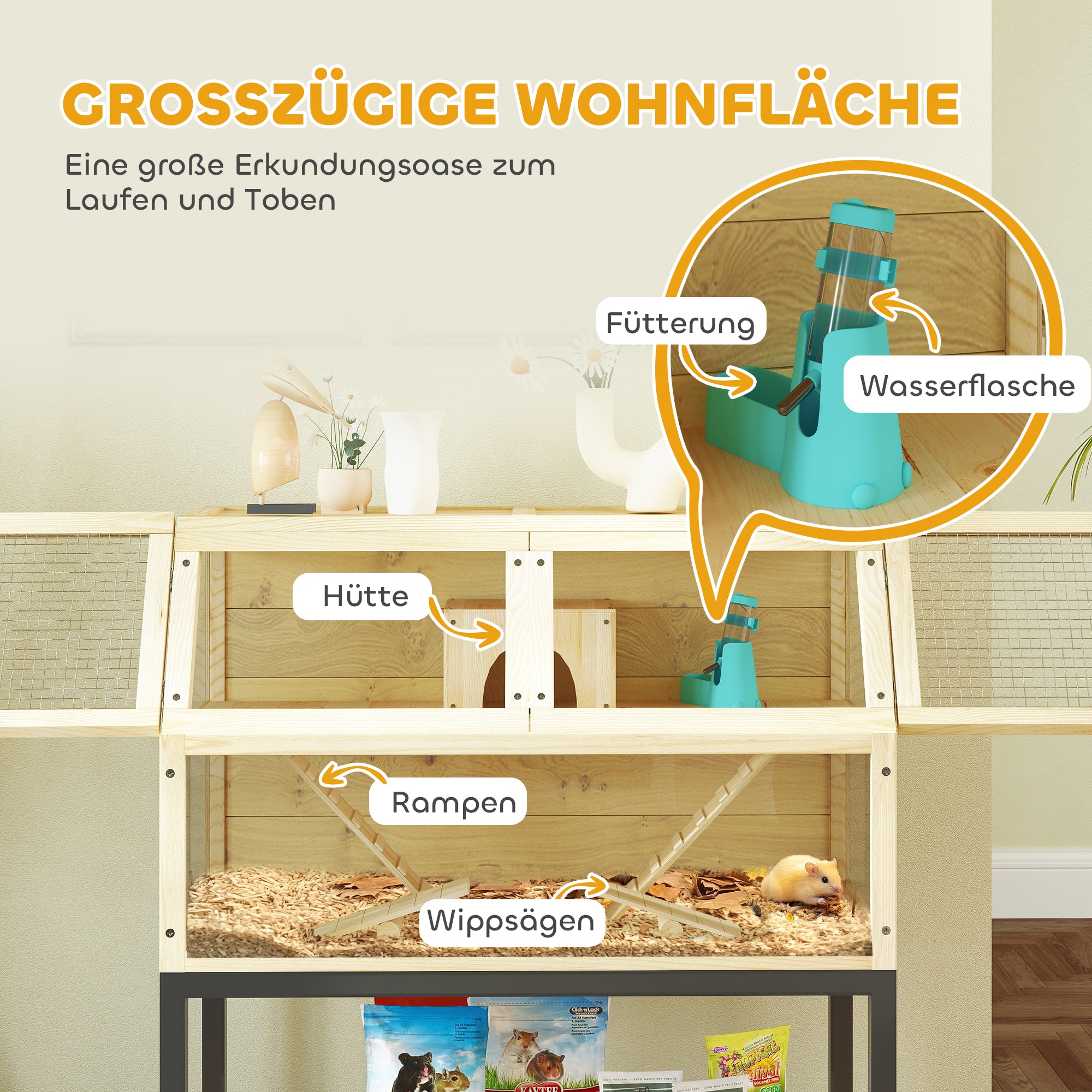 Dwarf Hamster Cage in Natural Wood, 87 x 43 x 101 cm Rodent Cage with Storage Area, Water Bottle, Hut, Seesaws, Small Animal Cage with Wheels, Ramps, Natural Wood