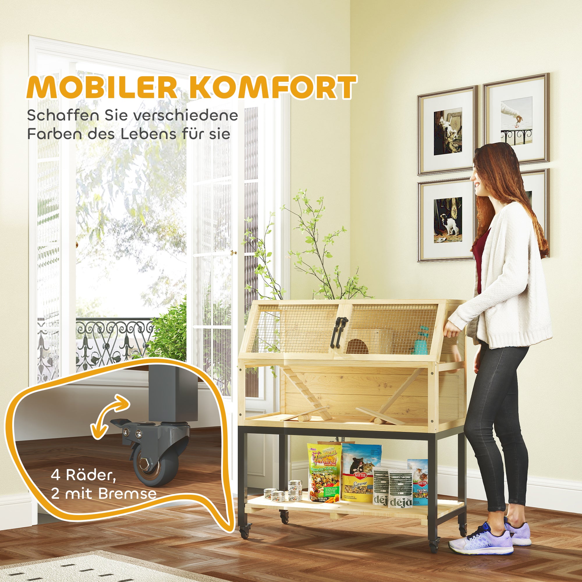 Dwarf Hamster Cage in Natural Wood, 87 x 43 x 101 cm Rodent Cage with Storage Area, Water Bottle, Hut, Seesaws, Small Animal Cage with Wheels, Ramps, Natural Wood