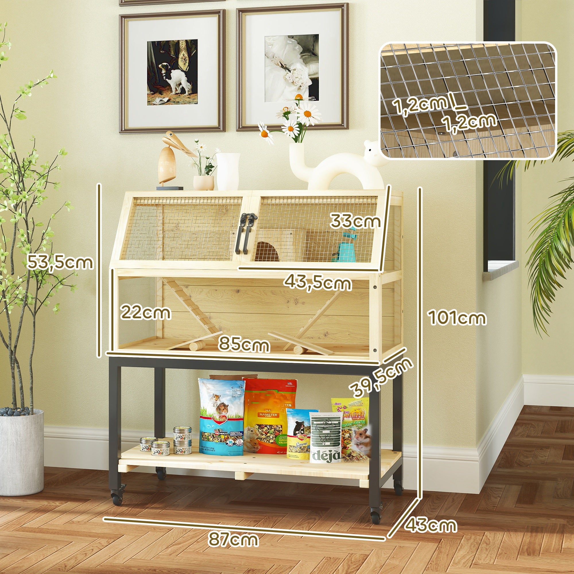 Dwarf Hamster Cage in Natural Wood, 87 x 43 x 101 cm Rodent Cage with Storage Area, Water Bottle, Hut, Seesaws, Small Animal Cage with Wheels, Ramps, Natural Wood