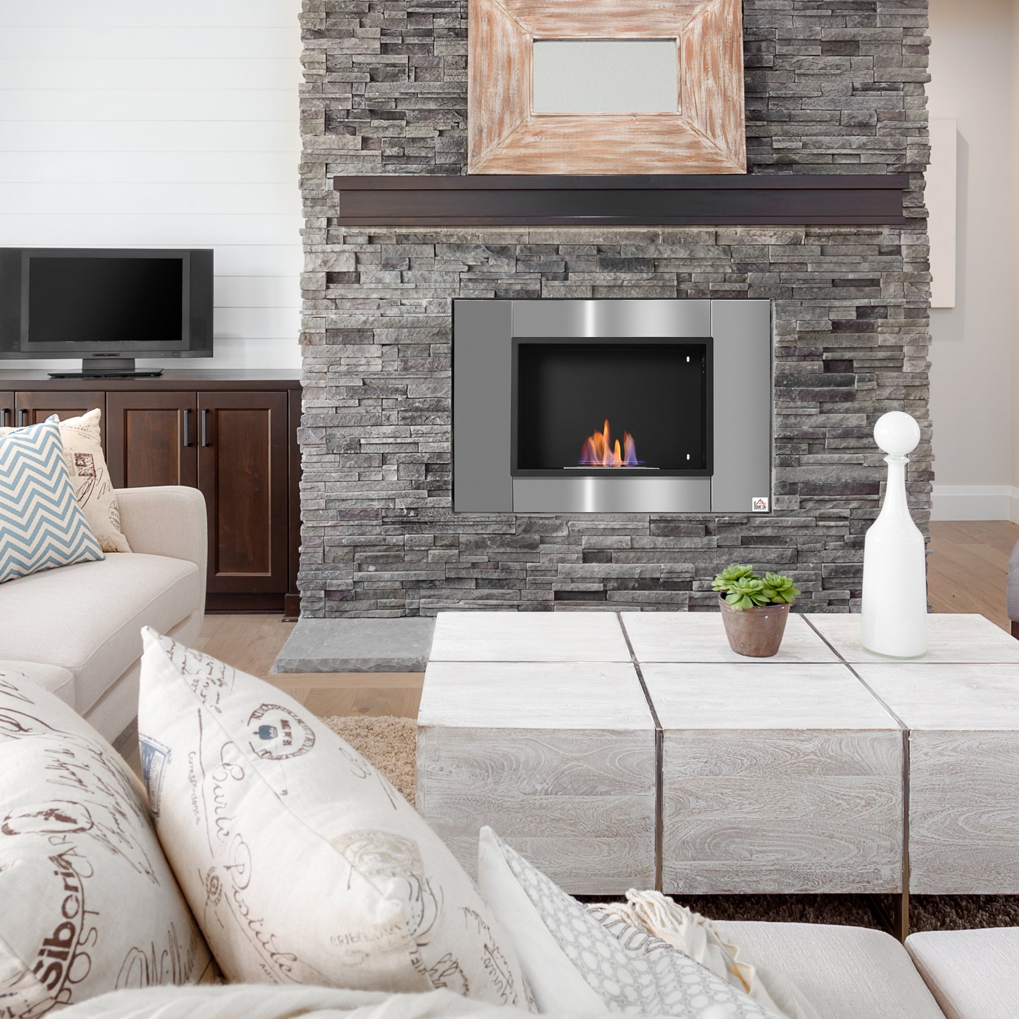Wall-mounted Built-in Bioethanol Fireplace 0.9 L Burner, 3-hour Combustion Time 80L x 14W x 54H cm Coverage 25-30 m² Stainless Steel