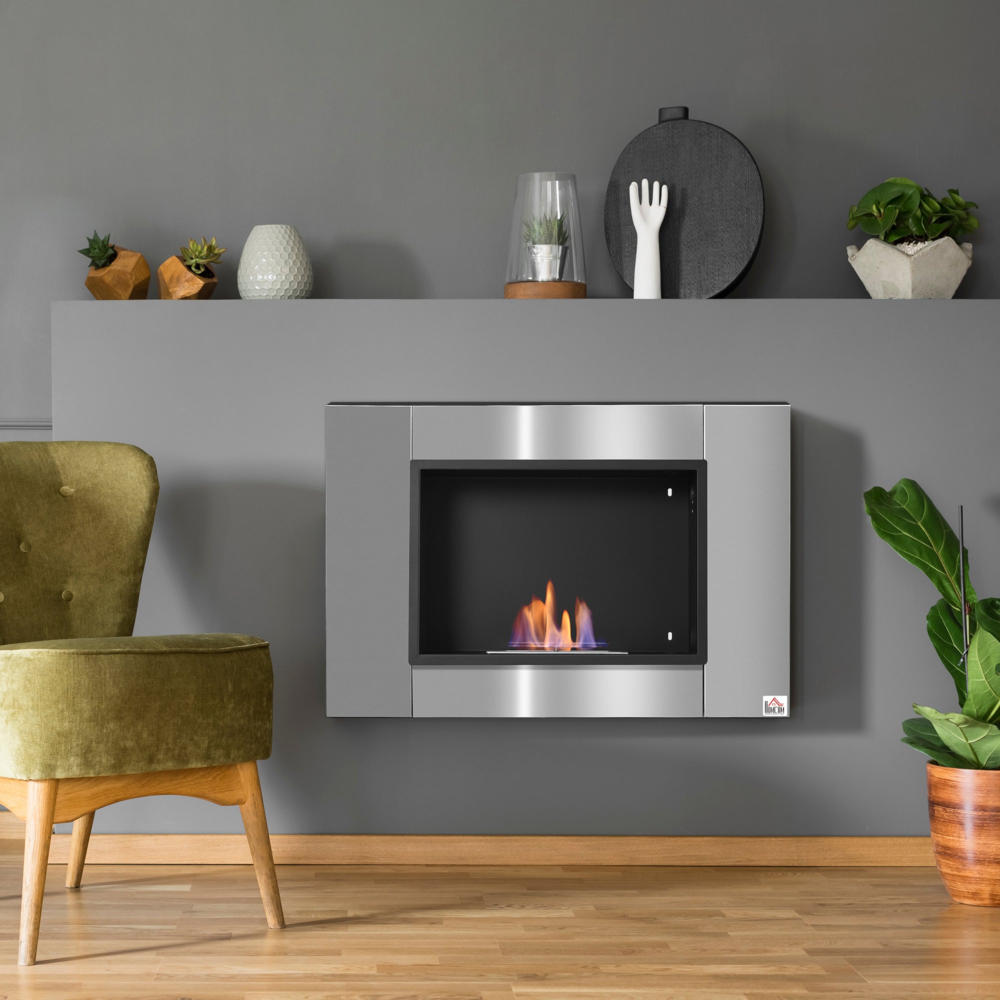 Wall-mounted Built-in Bioethanol Fireplace 0.9 L Burner, 3-hour Combustion Time 80L x 14W x 54H cm Coverage 25-30 m² Stainless Steel