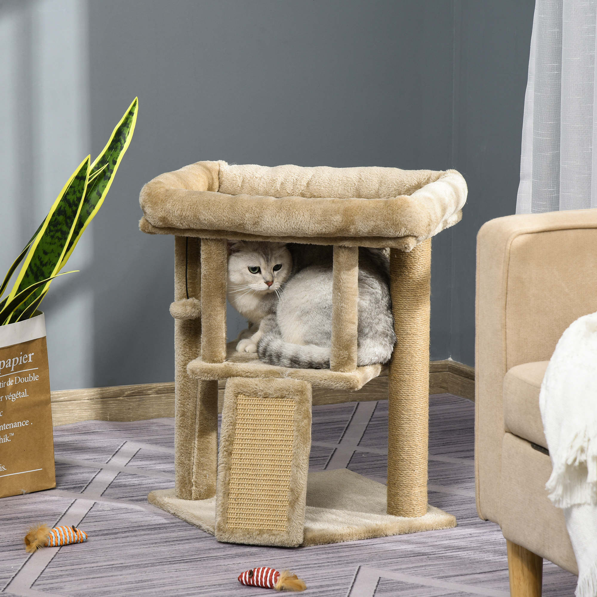 Scratching Post 57 cm Small Cat Tree with Cat Cave, Lounging Platform, Cat Scratching Board, Play Ball, Cat Furniture for Cats up to 5 kg, Coffee