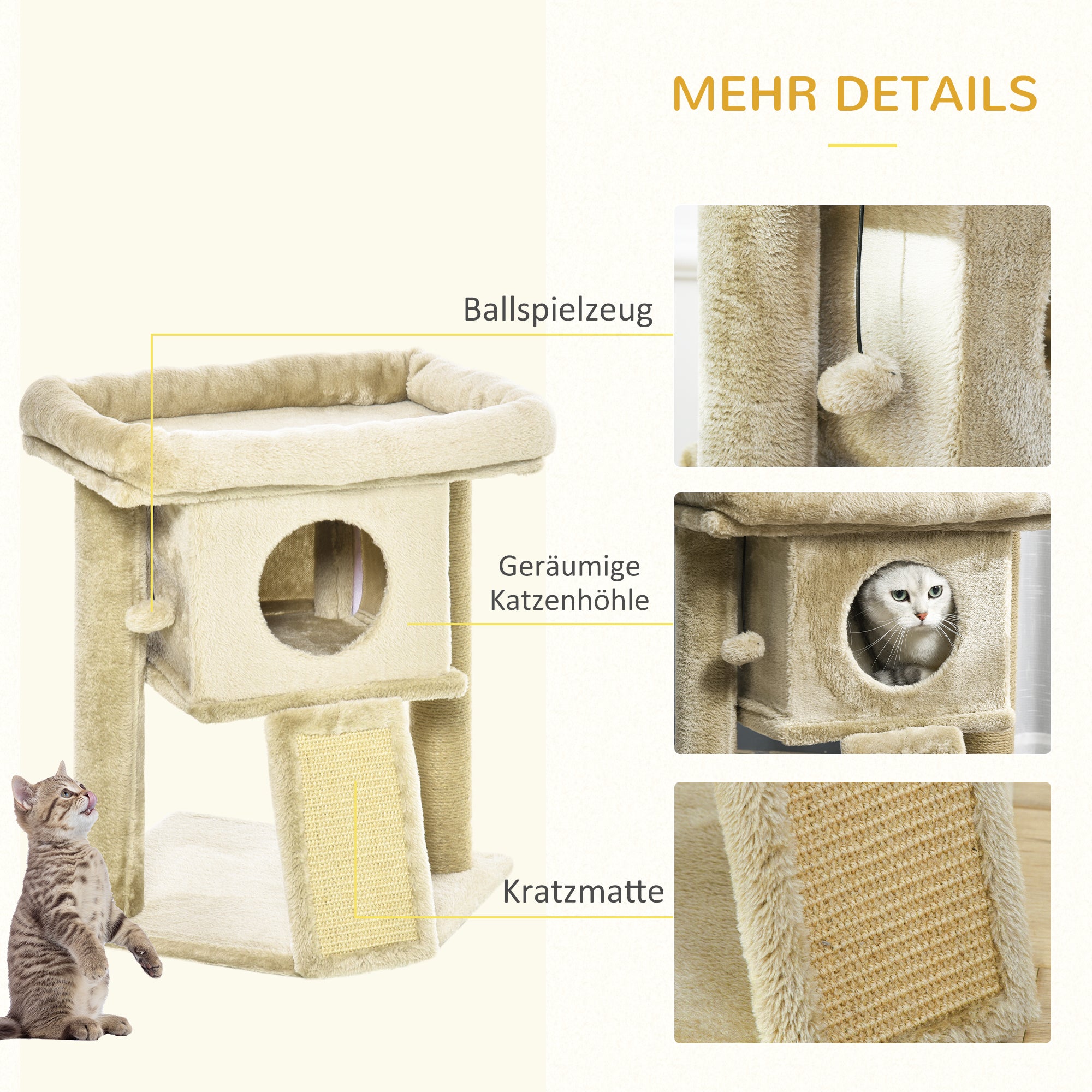 Scratching Post 57 cm Small Cat Tree with Cat Cave, Lounging Platform, Cat Scratching Board, Play Ball, Cat Furniture for Cats up to 5 kg, Coffee