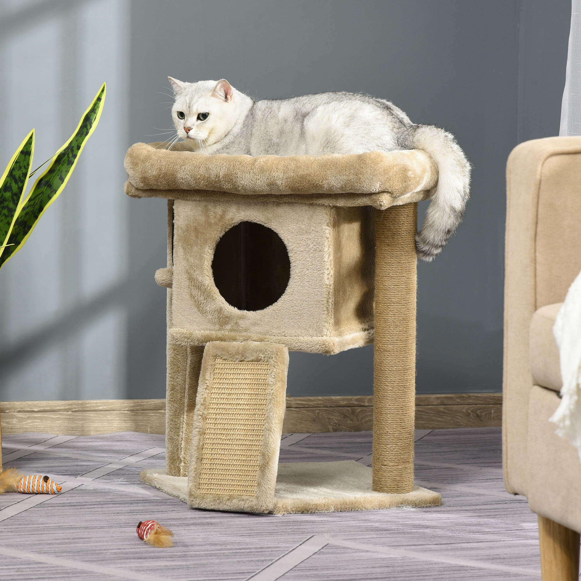 Scratching Post 57 cm Small Cat Tree with Cat Cave, Lounging Platform, Cat Scratching Board, Play Ball, Cat Furniture for Cats up to 5 kg, Coffee