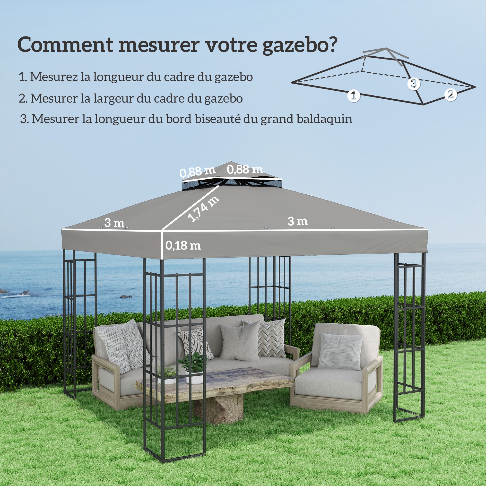 10' x 10' Replacement Gazebo Canopy Top — 2-Tier, Waterproof PVC-Coated 600D Oxford (370 g/m²), UPF30+, Drainage Holes, Gray