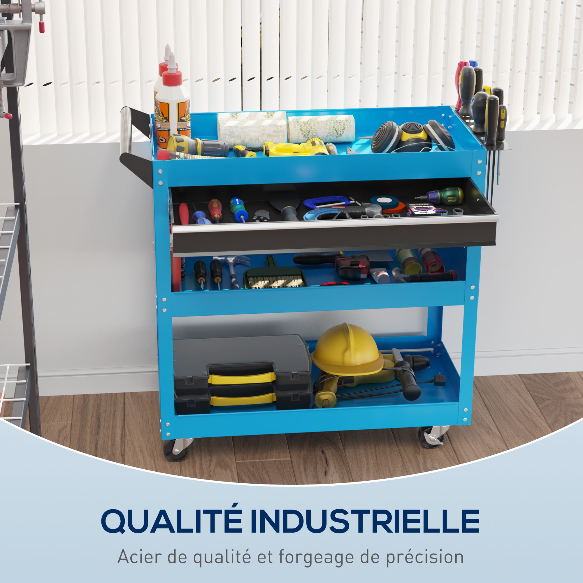 Workshop Cart Tool Trolley 3-Level Tool Cart with Drawer, Side Tool Holder, and Handle, Workshop Trolley for Garage, Warehouse, DIY Tools, 82x35x76cm, Blue