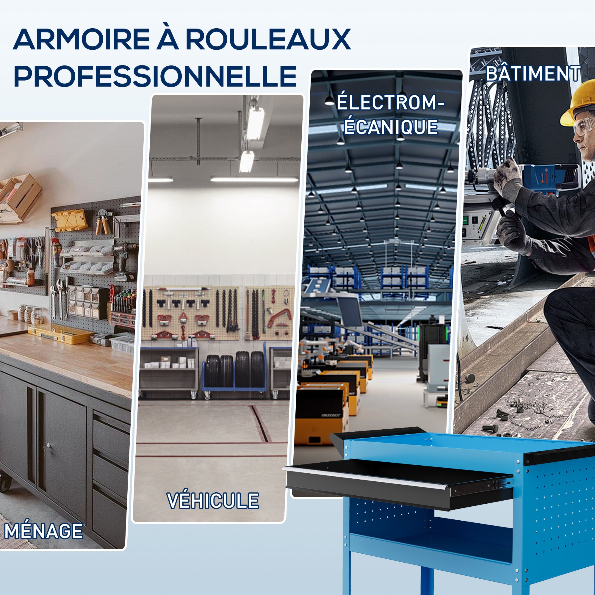 Workshop Cart Tool Trolley 3-Level Tool Cart with Drawer, Side Tool Holder, and Handle, Workshop Trolley for Garage, Warehouse, DIY Tools, 82x35x76cm, Blue