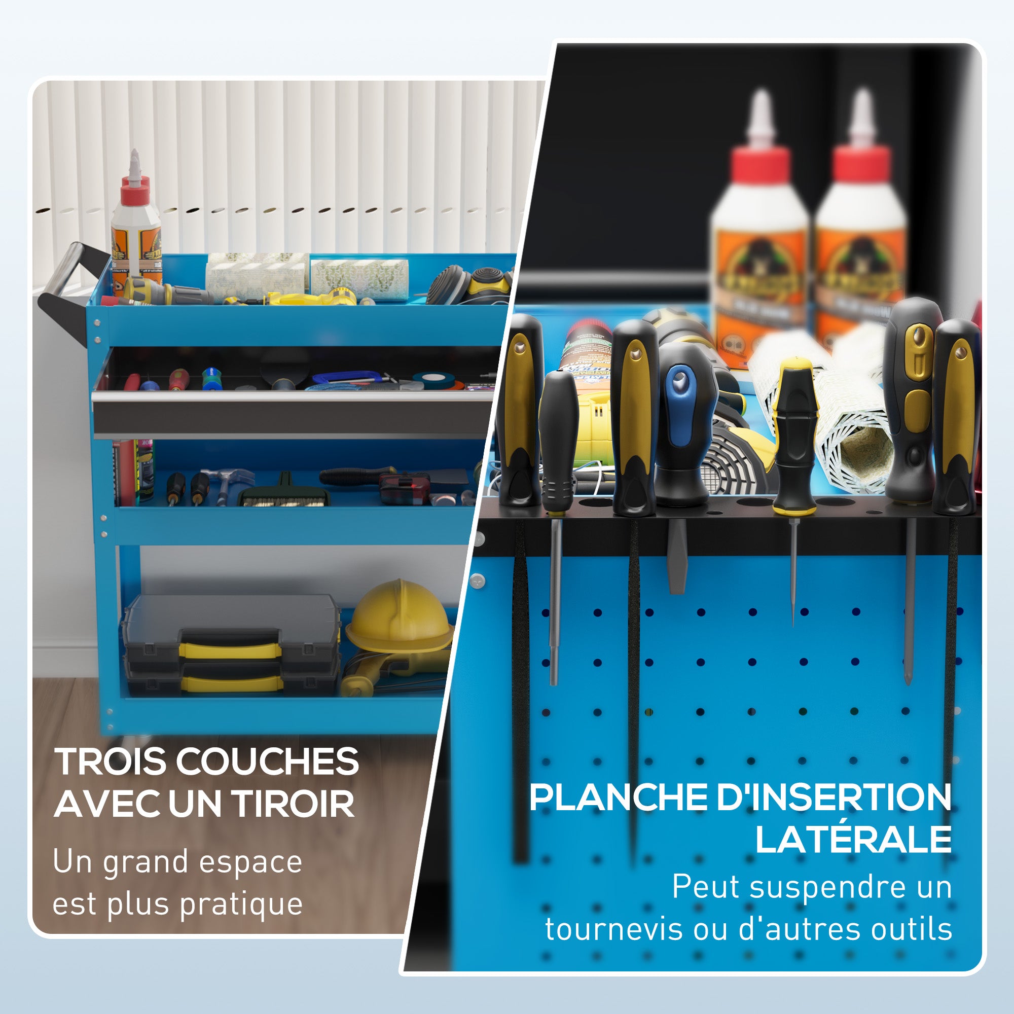 Workshop Cart Tool Trolley 3-Level Tool Cart with Drawer, Side Tool Holder, and Handle, Workshop Trolley for Garage, Warehouse, DIY Tools, 82x35x76cm, Blue