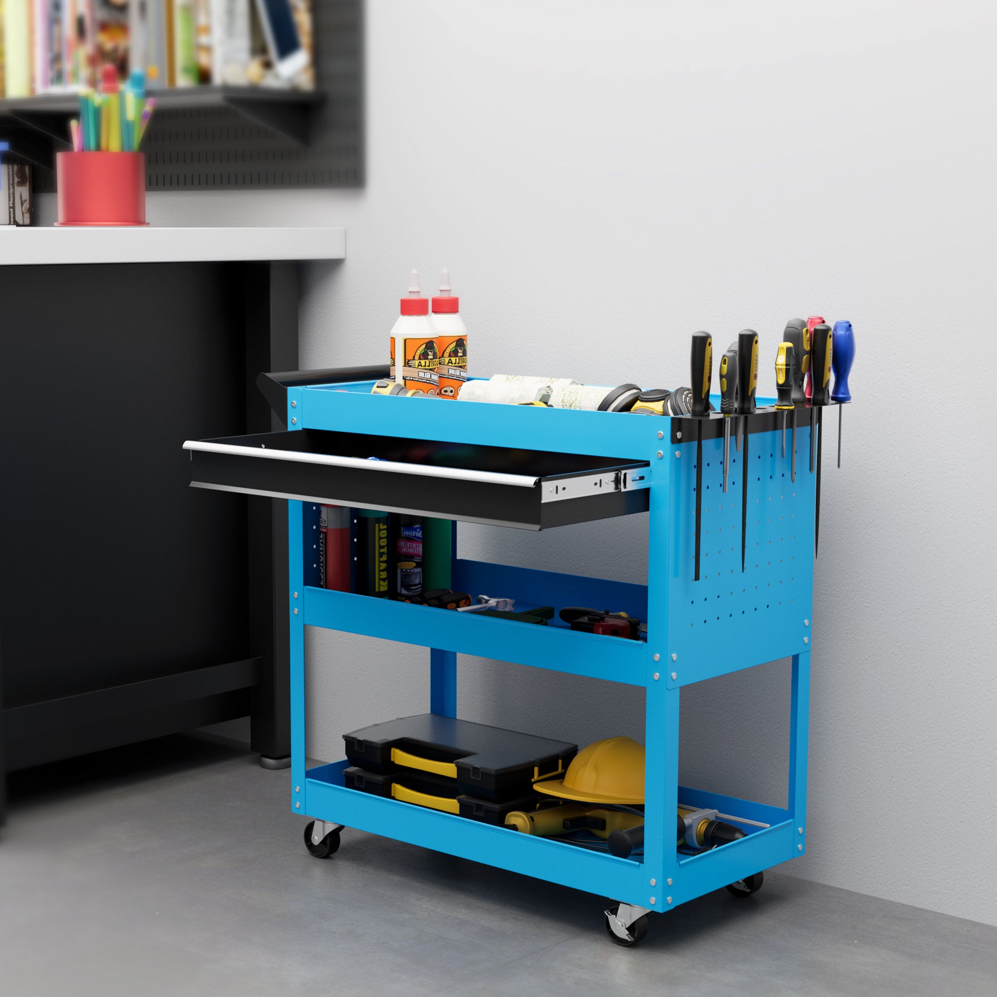 Workshop Cart Tool Trolley 3-Level Tool Cart with Drawer, Side Tool Holder, and Handle, Workshop Trolley for Garage, Warehouse, DIY Tools, 82x35x76cm, Blue