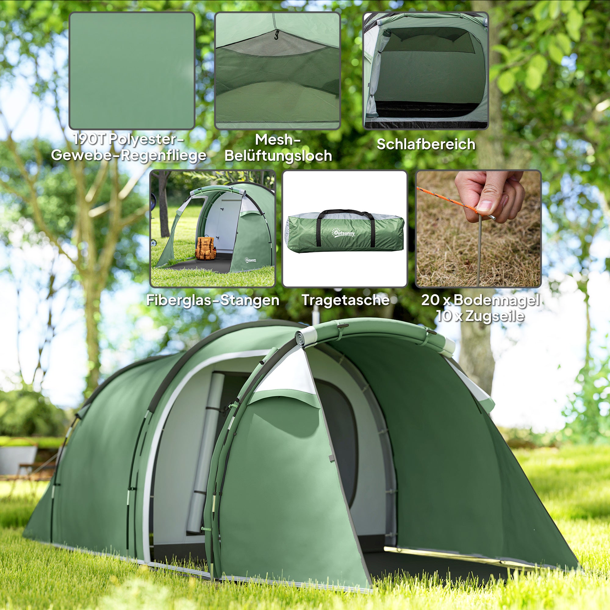 Camping Tent for 2-3 People Stable Waterproof Family Tent with Bedroom Living Room Vestibule with Standing Height, Dome Tent with 2000mm Water Column Tunnel Tent for Camping Travel, Dark Green