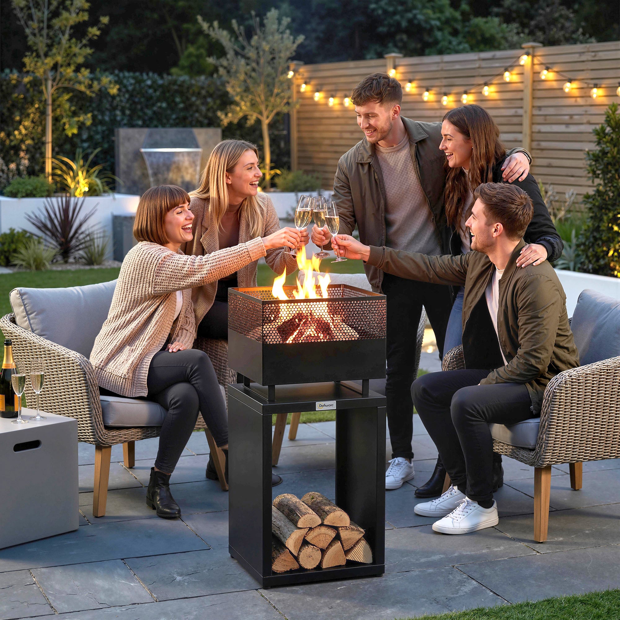 Fire Pit Tower with Wood Storage, 15.4 x 15.4 x 34.3 in — Coal Grate & Adjustable Feet, Black