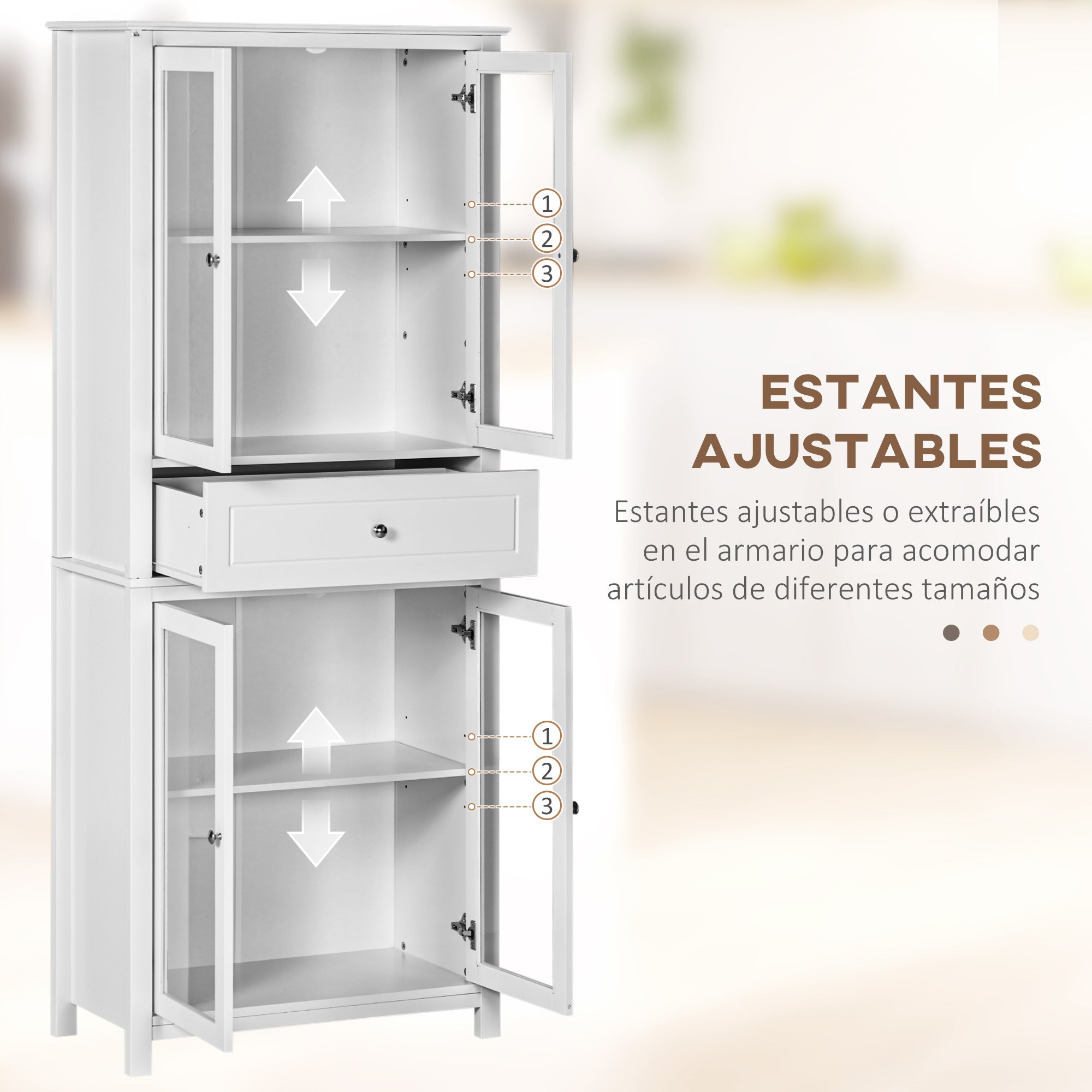 Kitchen Pantry Cabinet Display Case with 4 Tempered Glass Doors Drawer and Adjustable Shelves for Living Room Dining Room 74x35.5x181.5 cm White