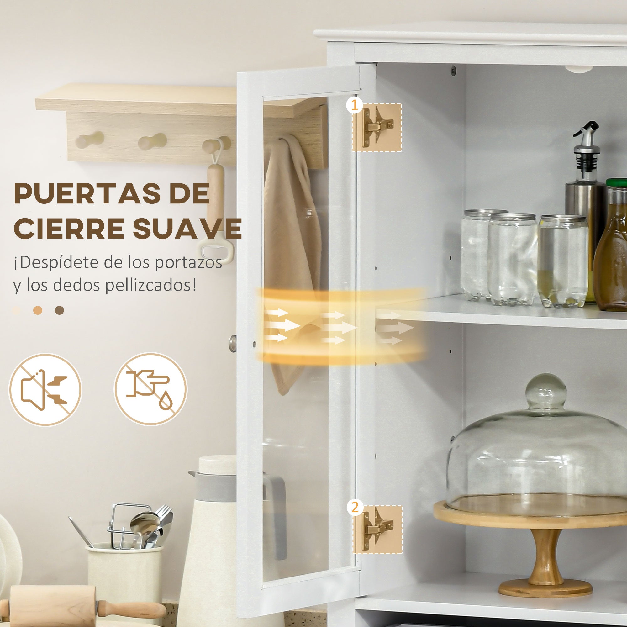 Kitchen Pantry Cabinet Display Case with 4 Tempered Glass Doors Drawer and Adjustable Shelves for Living Room Dining Room 74x35.5x181.5 cm White