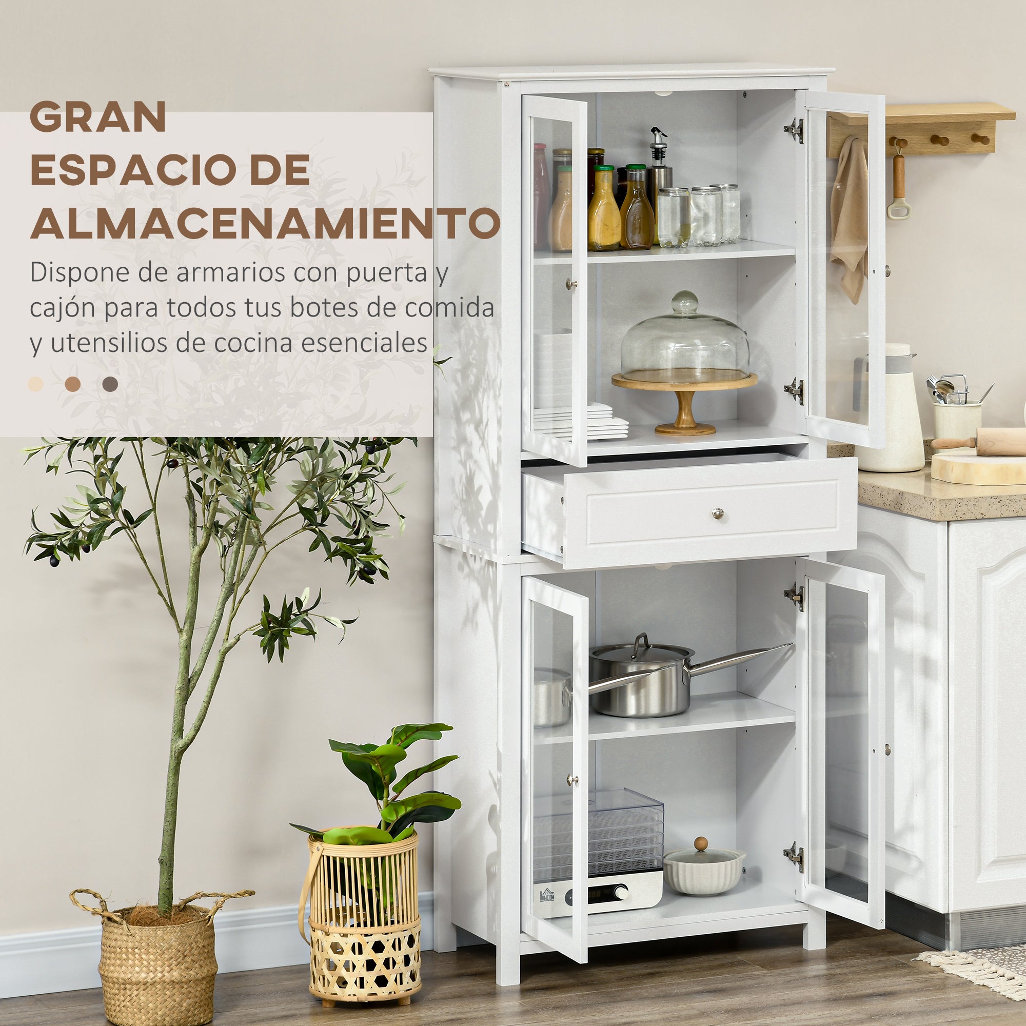 Kitchen Pantry Cabinet Display Case with 4 Tempered Glass Doors Drawer and Adjustable Shelves for Living Room Dining Room 74x35.5x181.5 cm White