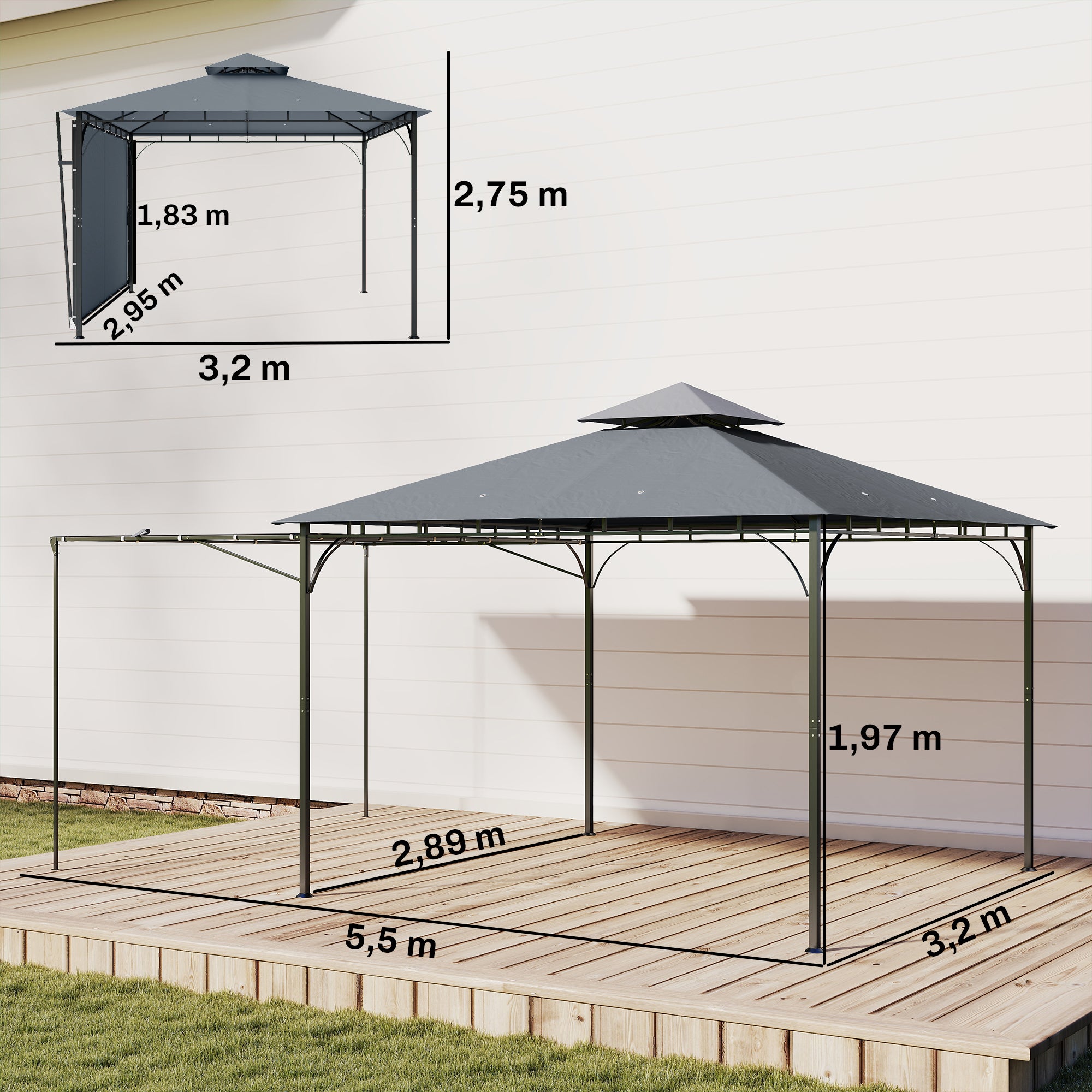 3.2 x 3.2 m (10.5 x 10.5 ft) Metal Garden Gazebo — Retractable Canopy, Double Roof, UPF 30+, Dark Gray