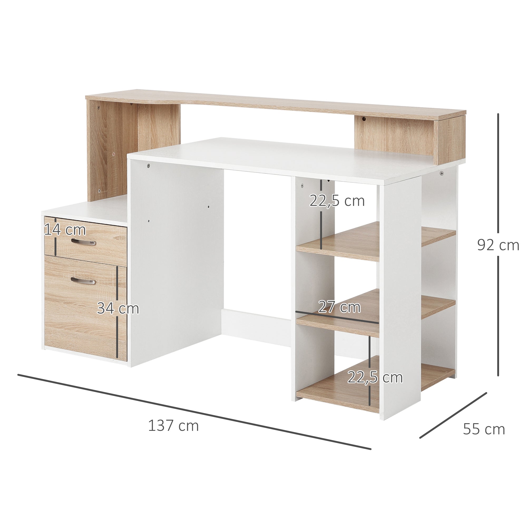 Computer Desk 137x55x92 cm Office Desk with 3 Shelves, 2 Drawers, and Printer Stand for Home Office Study Room Oak and White