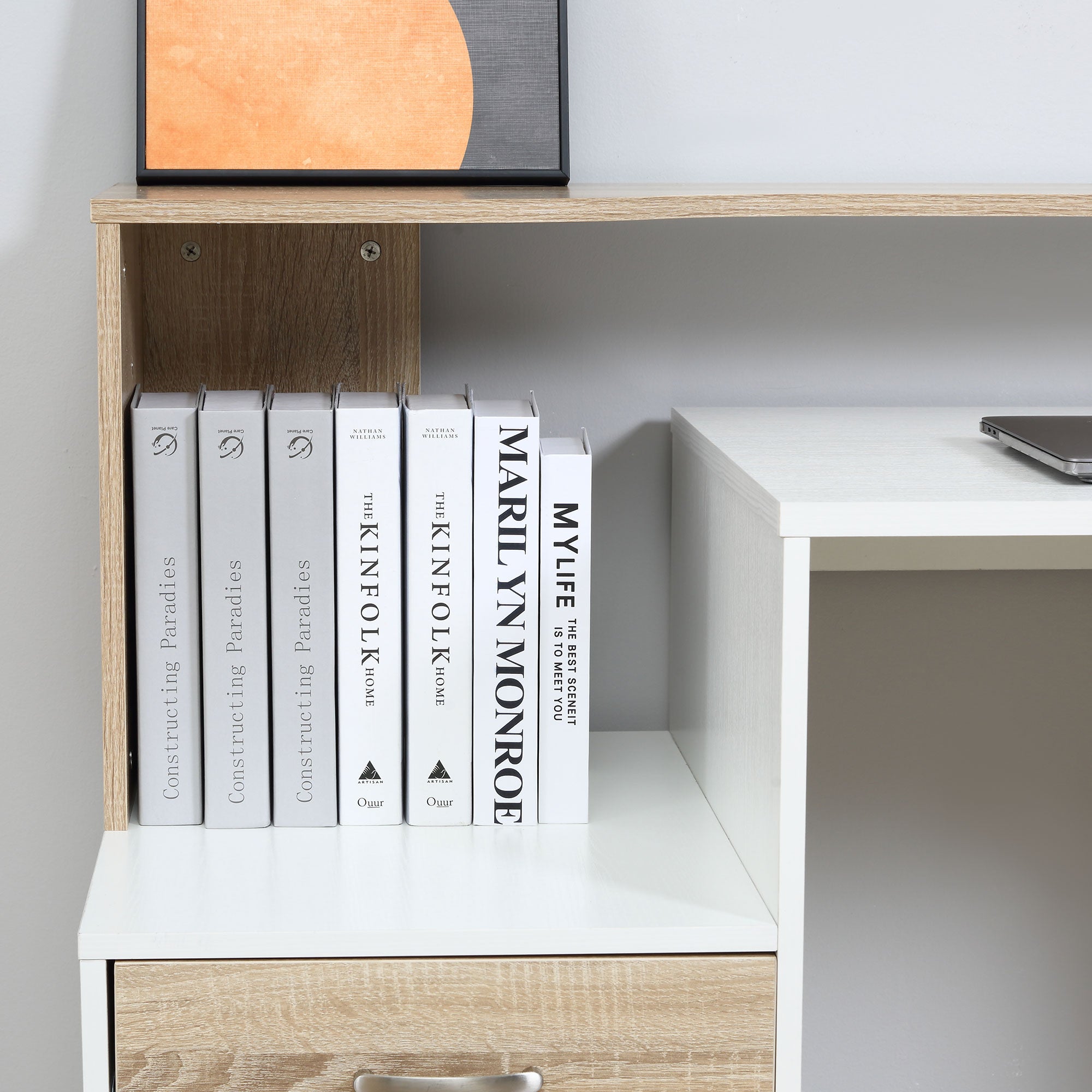 Computer Desk 137x55x92 cm Office Desk with 3 Shelves, 2 Drawers, and Printer Stand for Home Office Study Room Oak and White