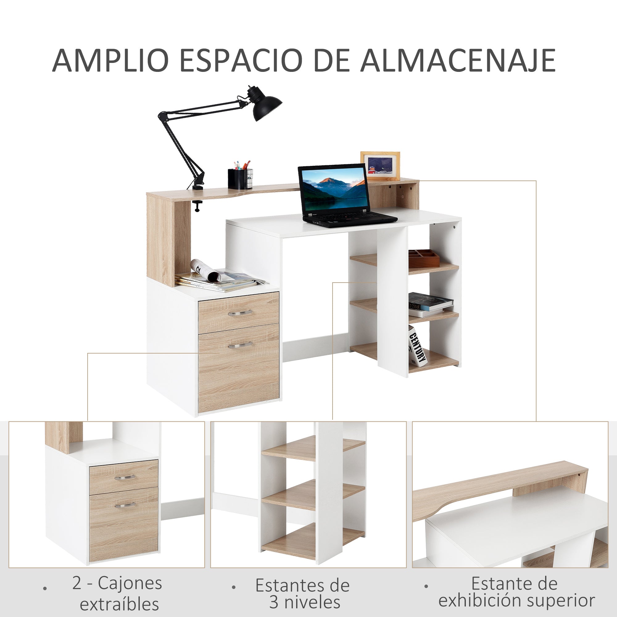 Computer Desk 137x55x92 cm Office Desk with 3 Shelves, 2 Drawers, and Printer Stand for Home Office Study Room Oak and White