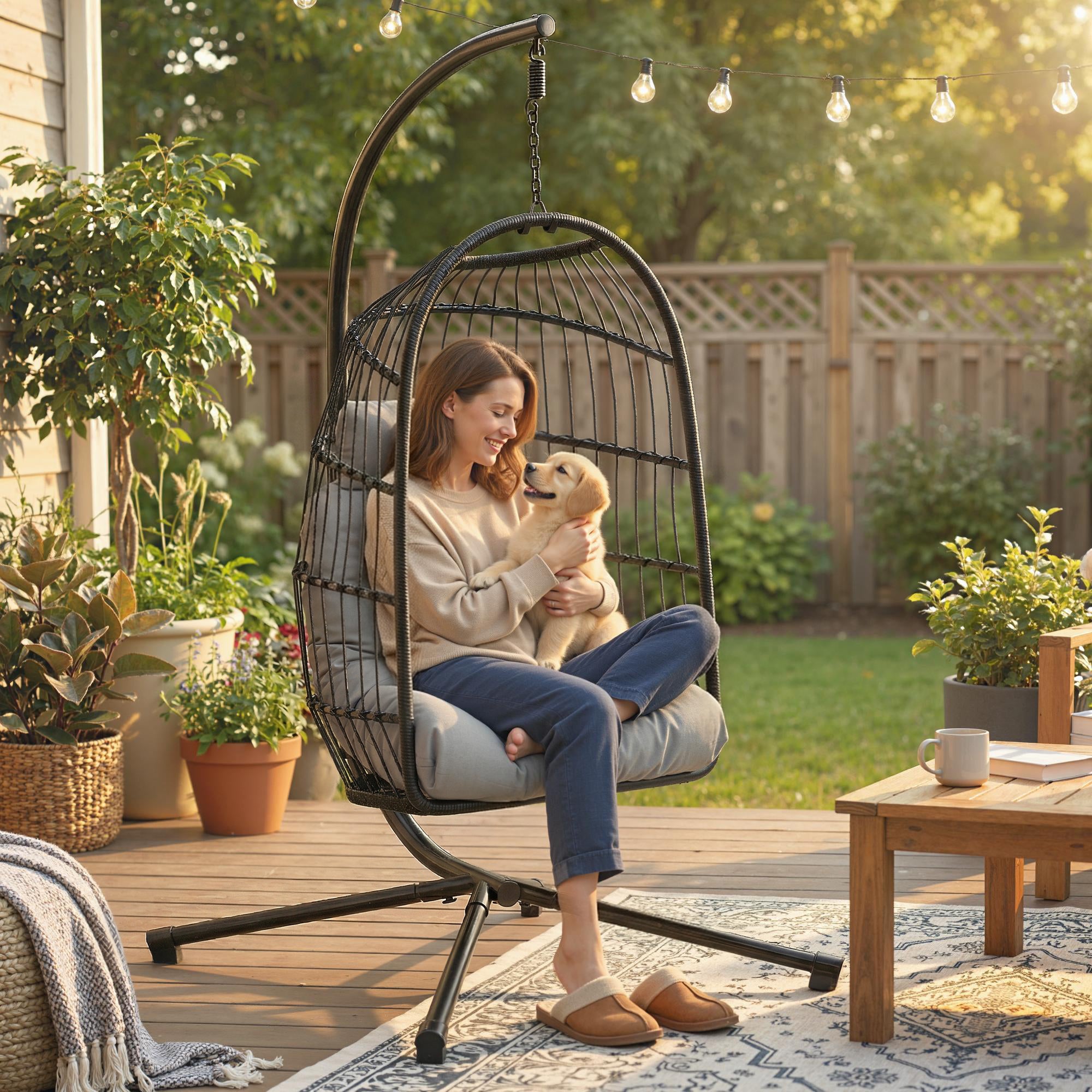 Hanging Egg Chair with Stand — Foldable PE Rattan Swing, Thick Cushion & Headrest, Adjustable Height, Light Gray