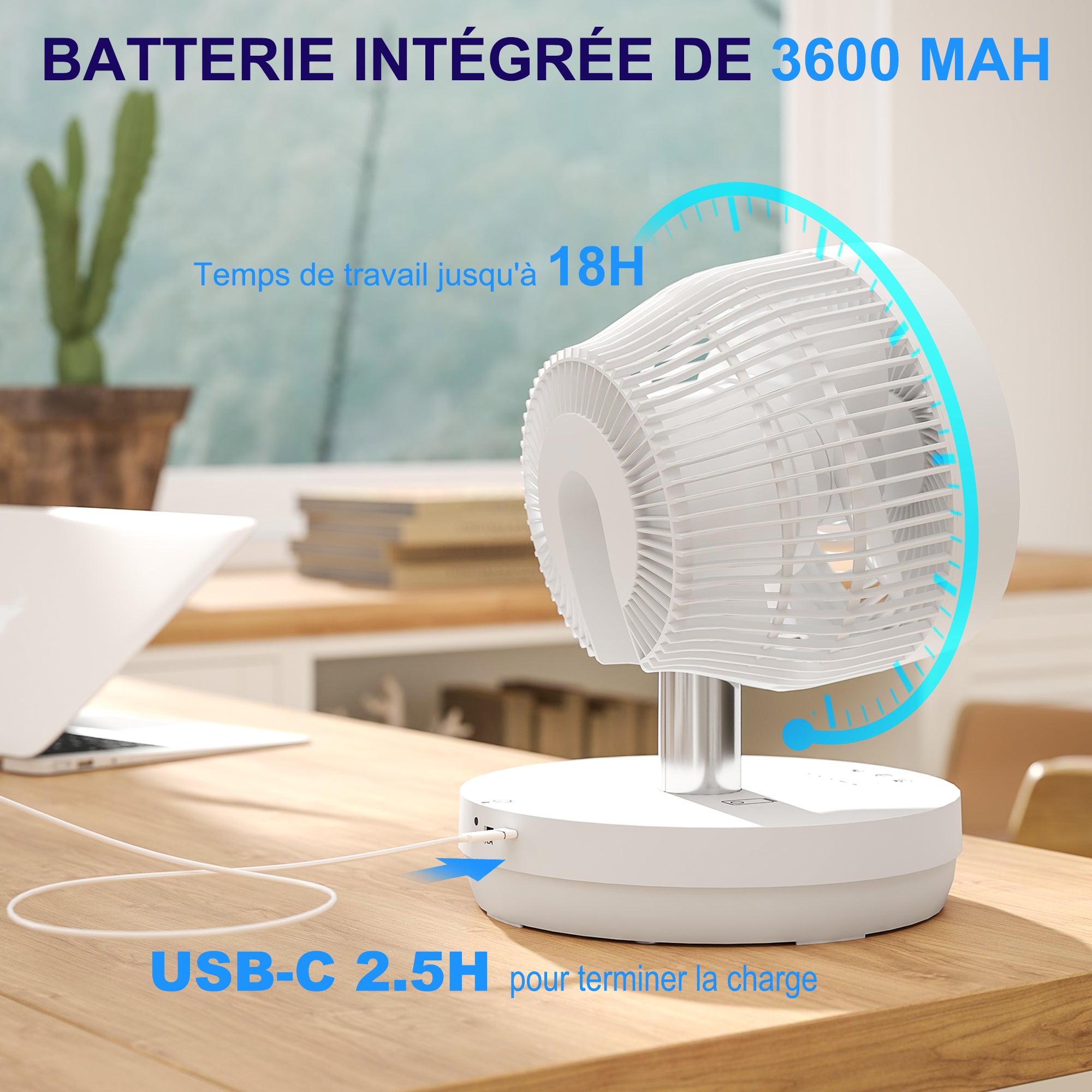 Portable Table Fan with Remote Control and 3600mAh Rechargeable Battery USB Powered Stand Fan Adjustable Tilt and Height Oscillating 10 Speeds Timer White
